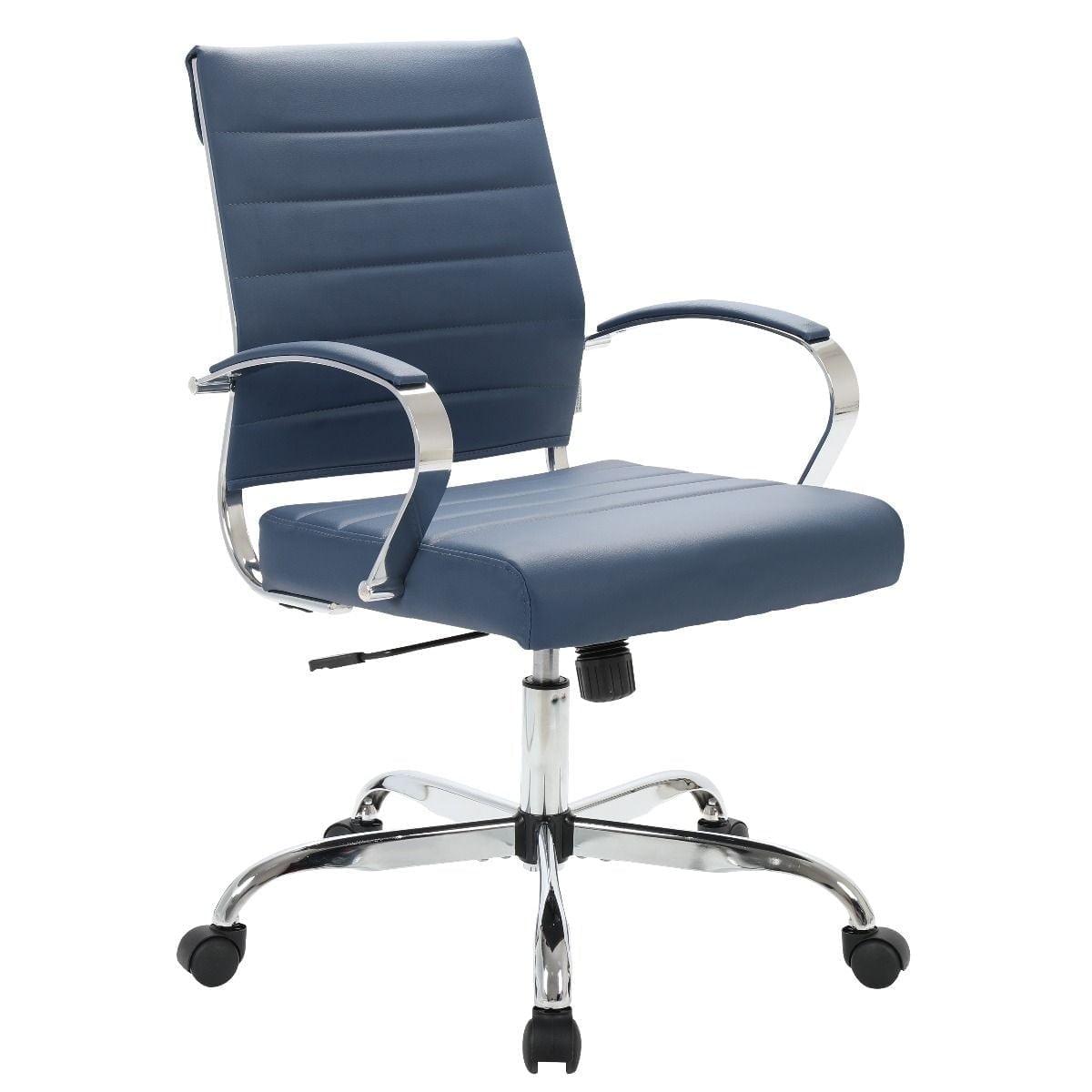 LeisureMod Benmar Mid-Back Office Conference Chair Upholstered in Leather with Swivel and Tilt in Navy Blue