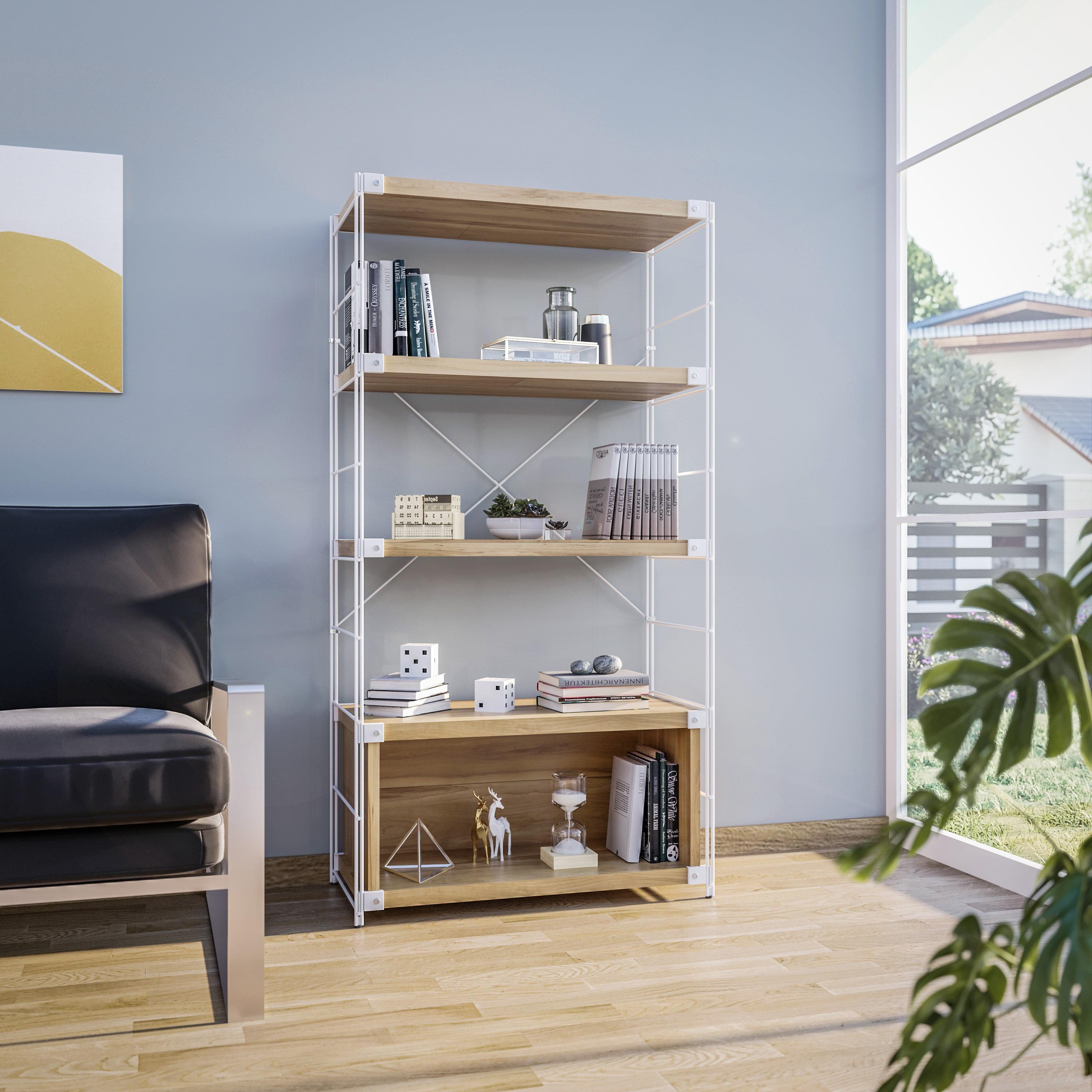 LeisureMod Etagere 4-Shelf Bookcase - White Stainless Steel Frame, Durable Melamine Shelves, Perfect for Living Rooms or Offices, Natural Wood