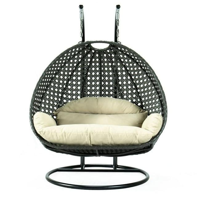 LeisureMod 2 Person Wicker Egg Chair Outdoor Indoor Bedroom Patio Hanging Lounge Swing Hammock Chairs with Black Stand and UV Resistant Cushions (Taupe)