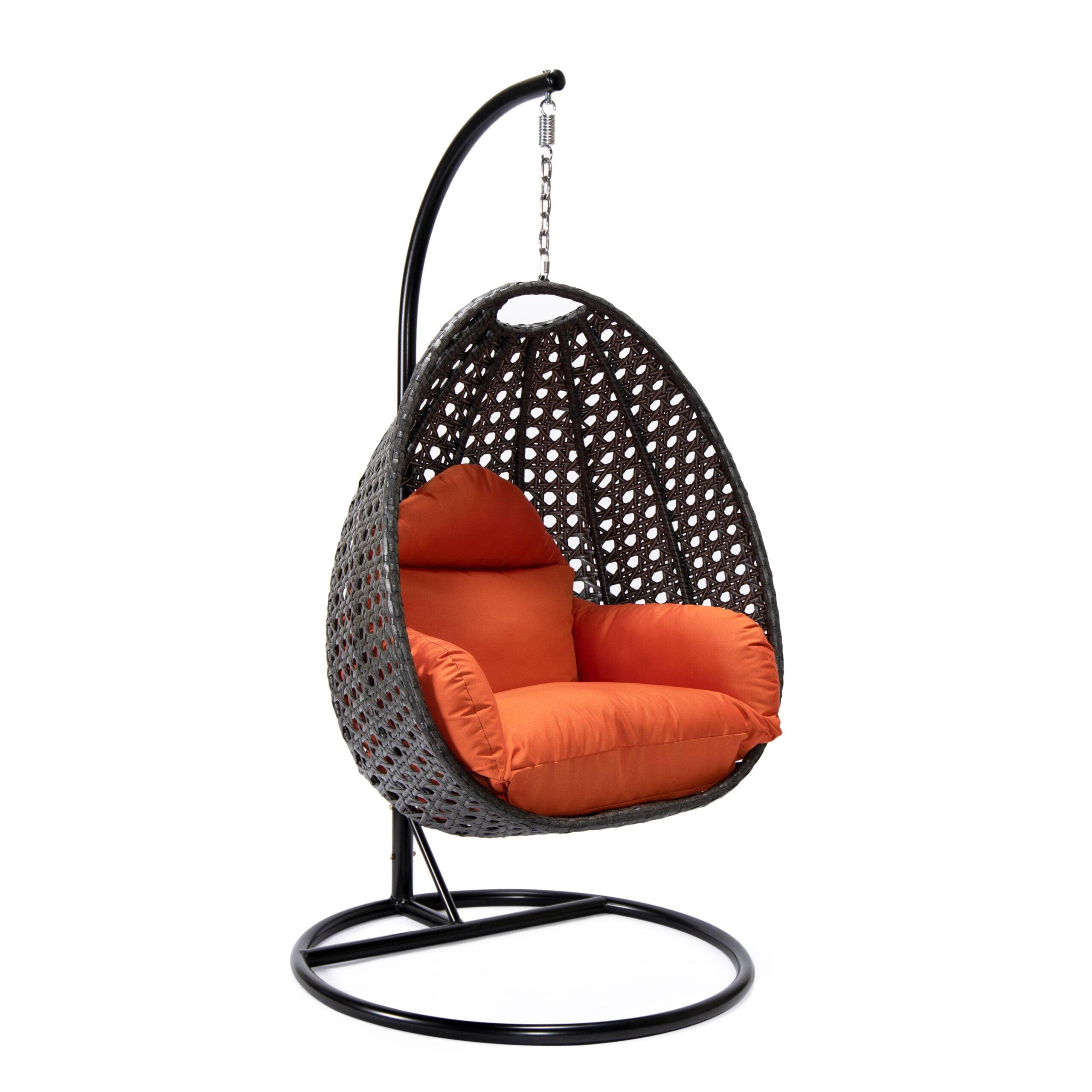 Charcoal Wicker Hanging Egg Chair with Orange Cushions