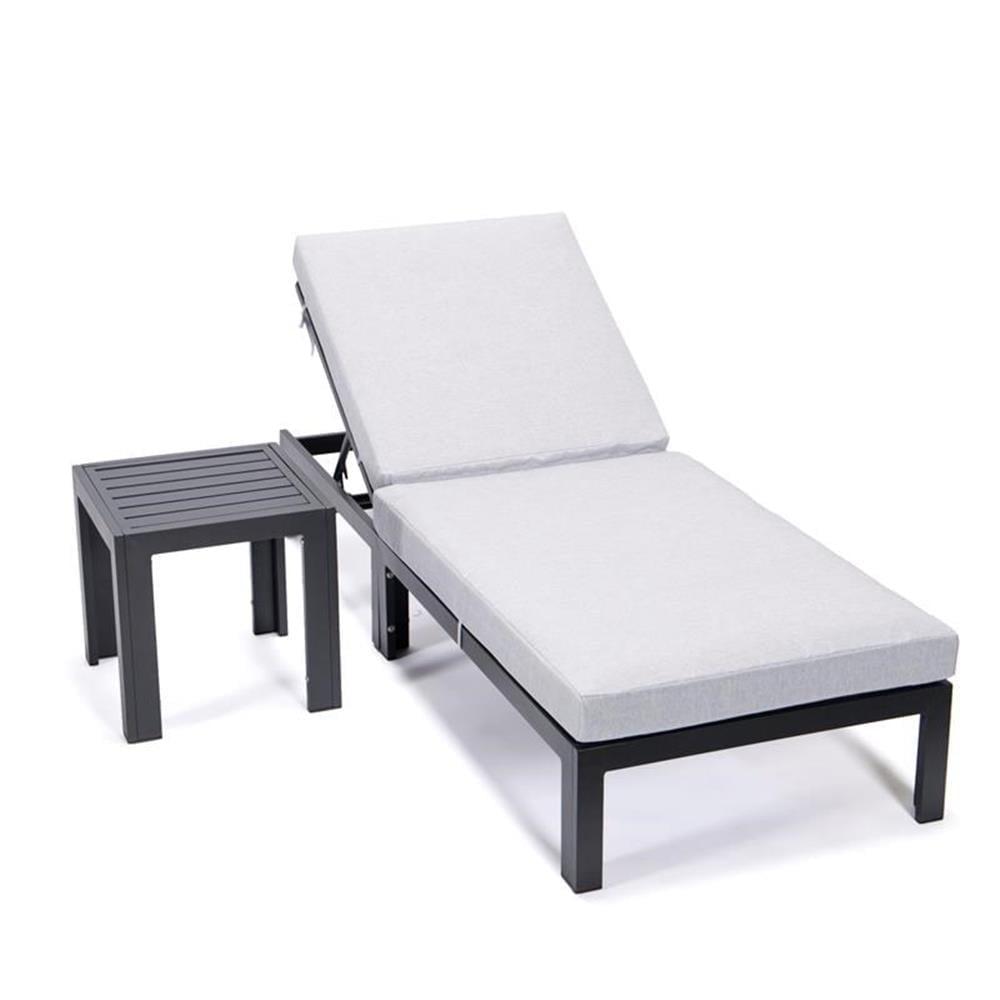 LeisureMod Chelsea Modern Outdoor Chaise Lounge Chair With Side Table in Light Grey