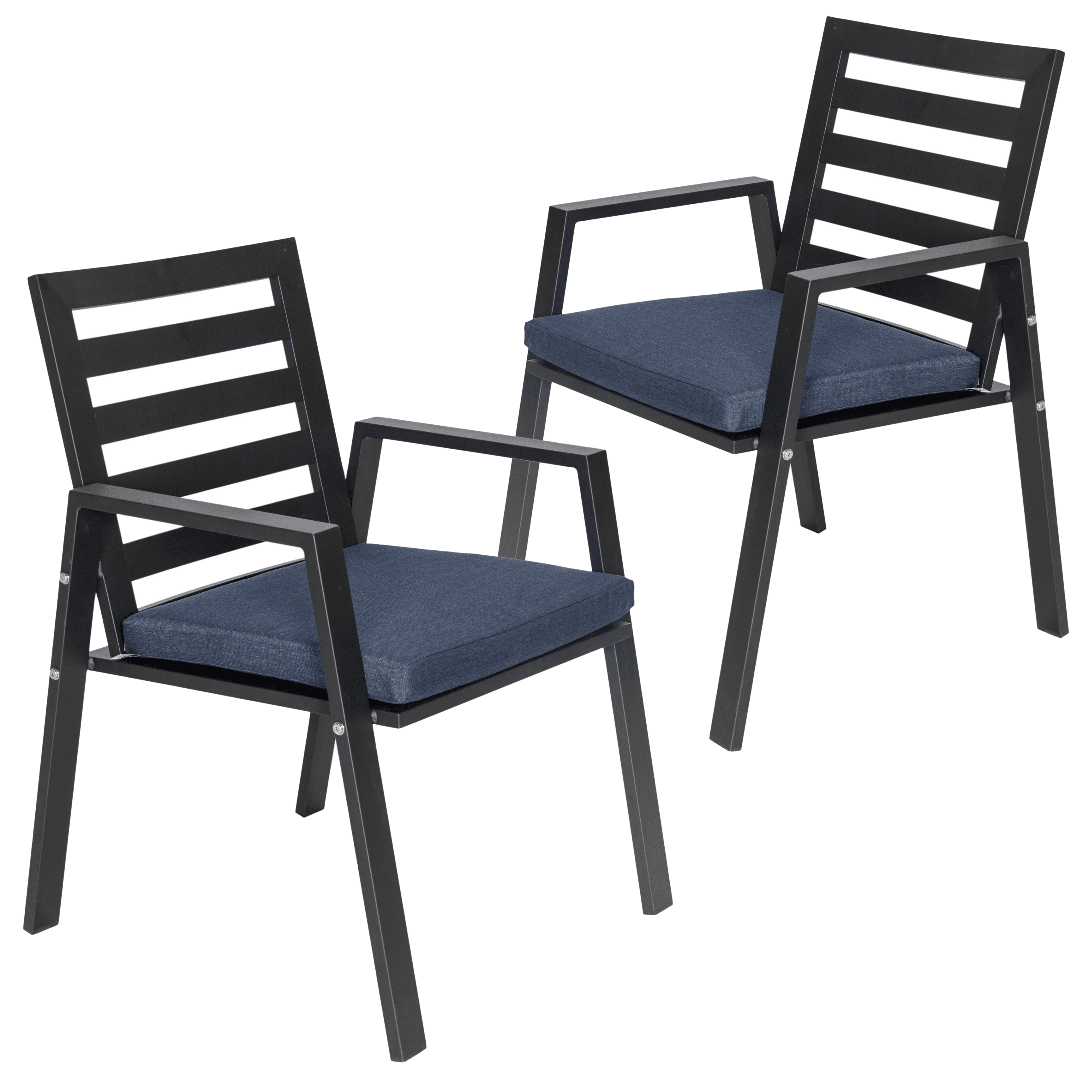 LeisureMod Chelsea Modern Patio Dining Armchair in Aluminum with Removable Cushions Set of 2 in Charcoal Blue
