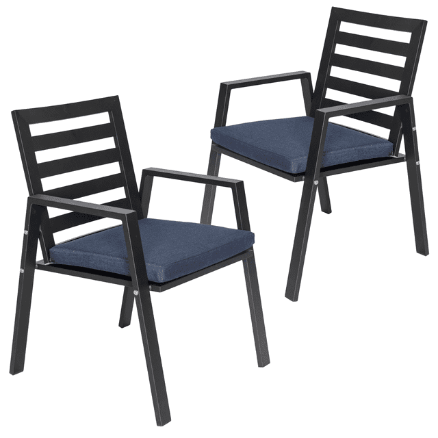 LeisureMod Chelsea Modern Patio Dining Armchair in Aluminum with Removable Cushions Set of 2 in Charcoal Blue