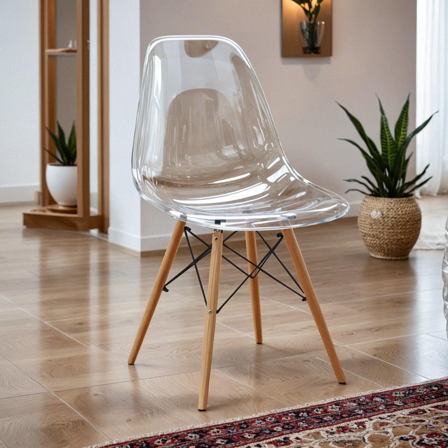 LeisureMod Cresco Mid-Century Modern Acrylic Dining Chair with Wooden Dowel Eiffel Legs – Kitchen & Dining Room Chair, Clear