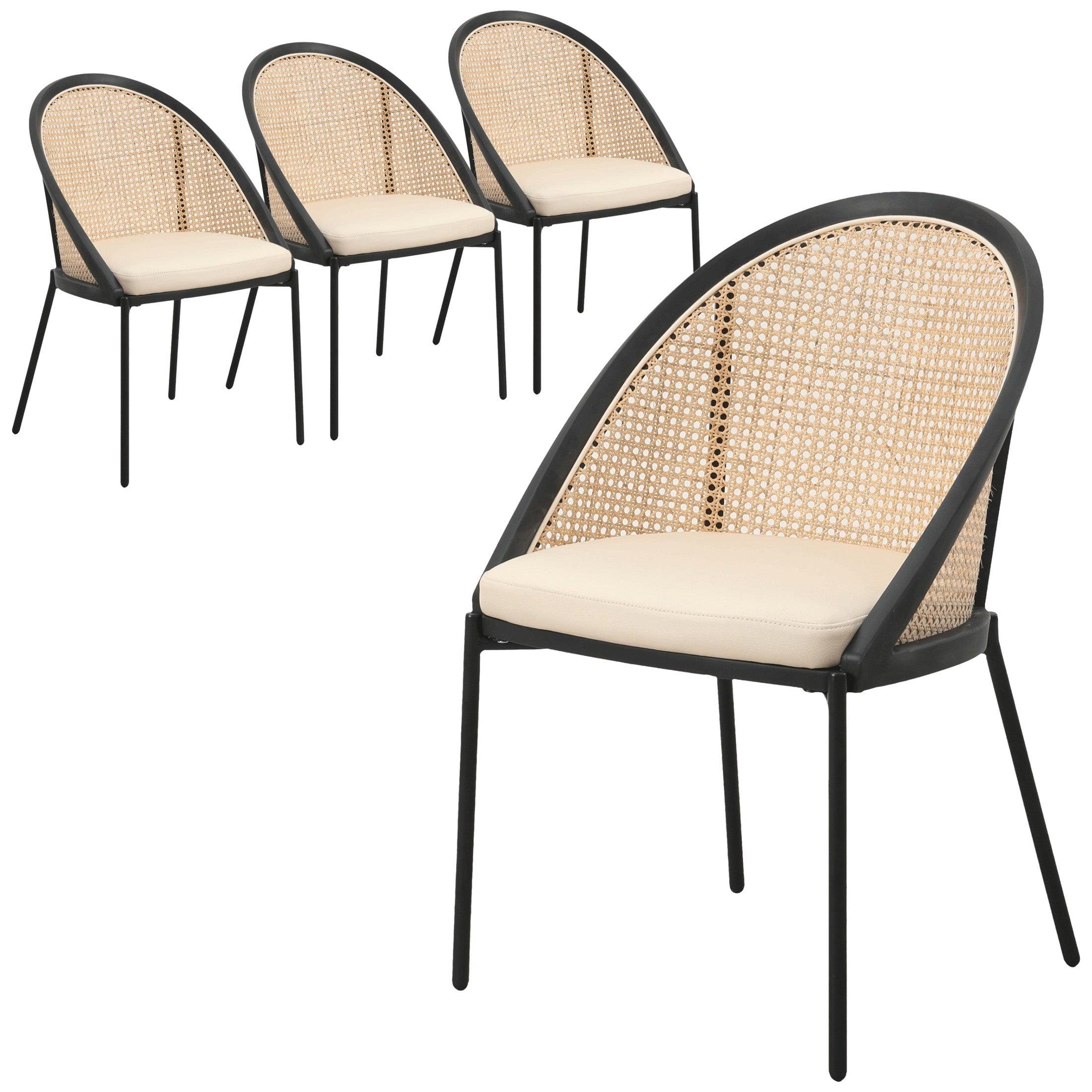 LeisureMod Urbane Dining Chair vynil Upholstery, Wicker-back and Stainless Steel Legs, Set of 4, Cream