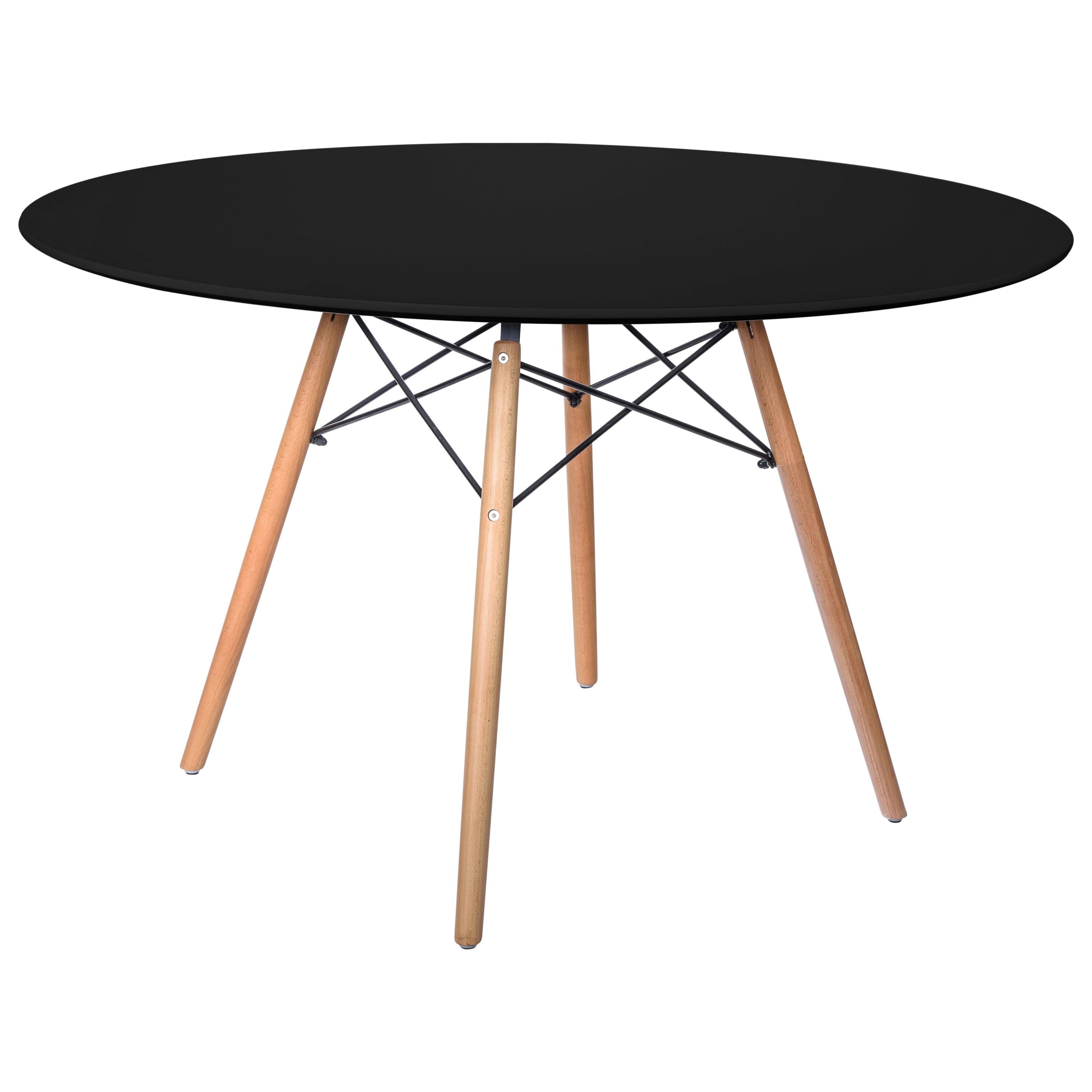 LeisureMod Dover Mid-Century Round Glossy Wooden Top Dining Table with Beech Wooden Legs Stylish Table for Dining Room, Kitchen, or Modern Spaces - Black