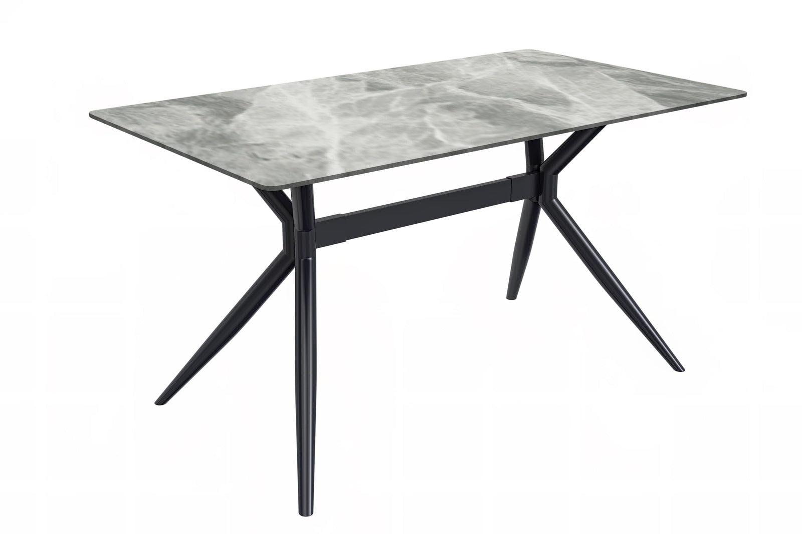 LeisureMod Elega Series Modern 62” Dining Table with Sintered Stone or Glass Rectangular Top and Black Stainless Steel Base in Light Grey