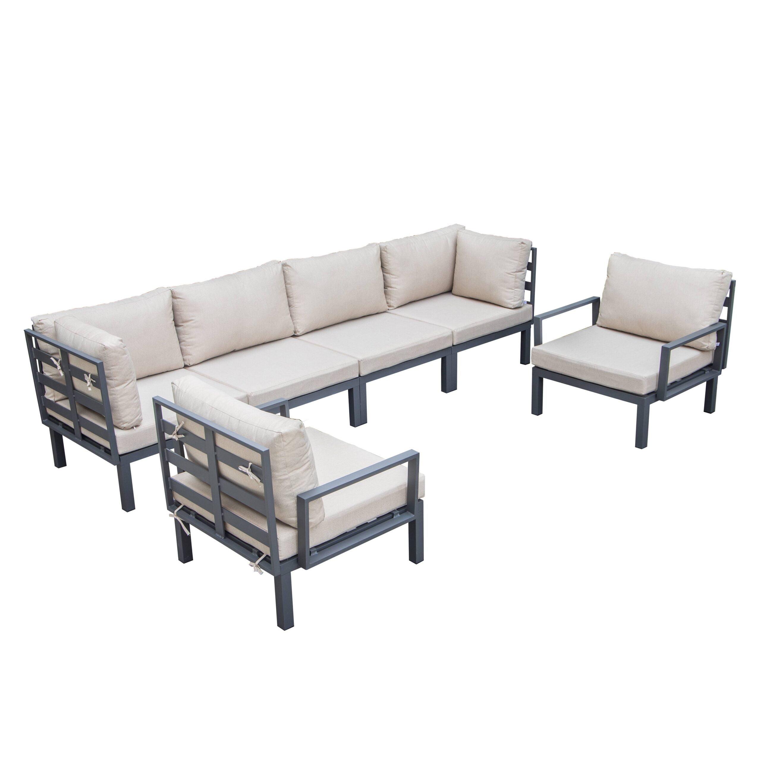 LeisureMod Hamilton Modern 6-Peice Modular Outdoor Sectional Aluminum Patio Conversation Set with Beige Cushions