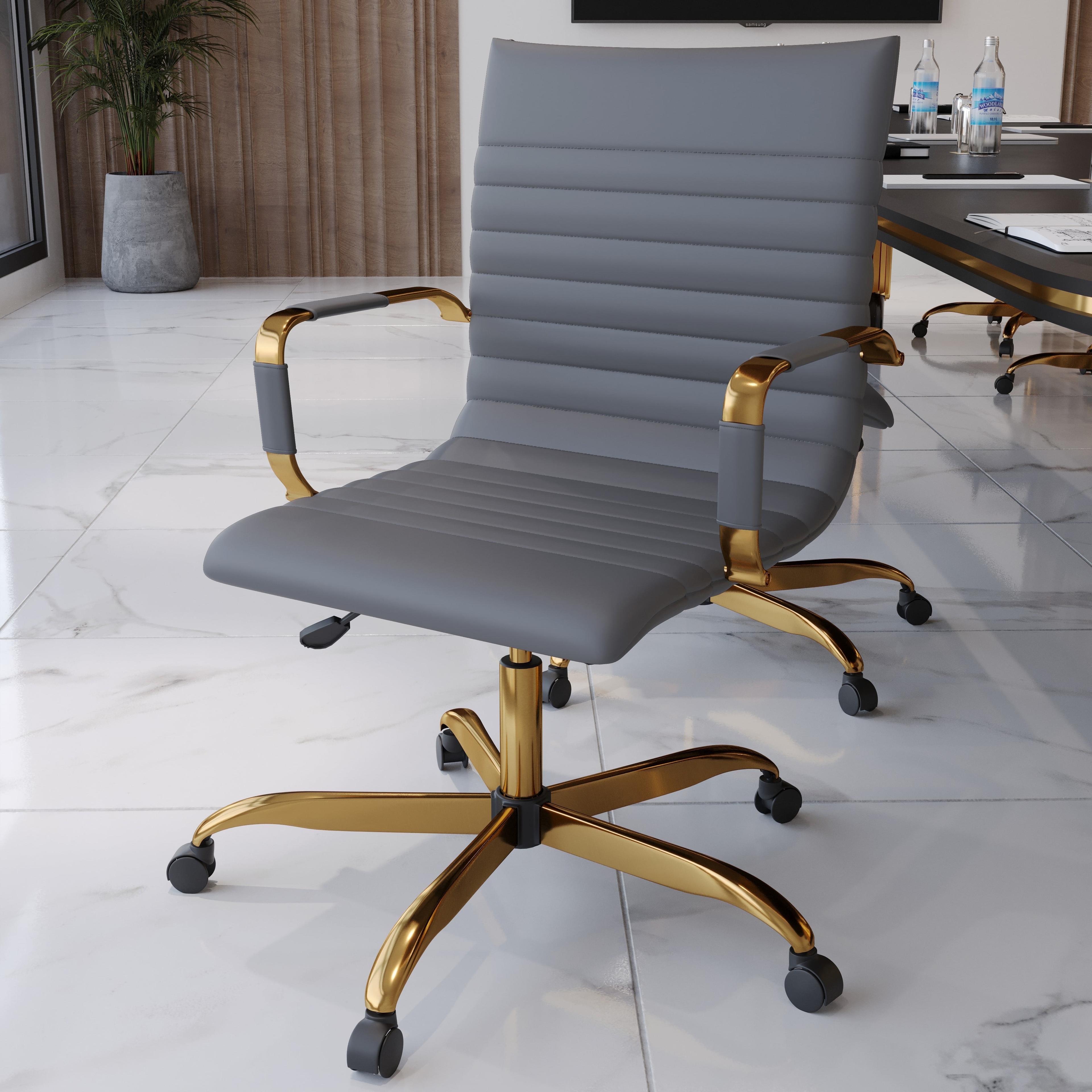 LeisureMod Harris Mid-Back Modern Leather Office Chair, Adjustable Swivel with Gold Frame, Grey