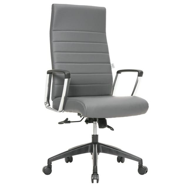 LeisureMod Hilton High-Back Adjustable Office Conference Chair Upholstered in Leather with Steel Frame in Grey