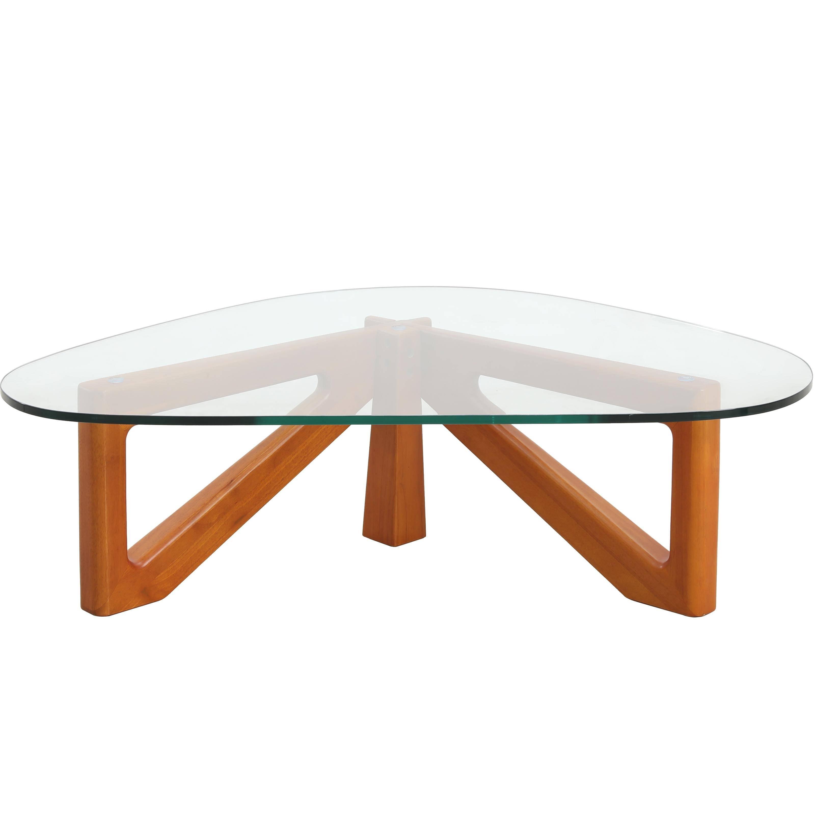 LeisureMod Triangular Coffee Table with 36” Tempered Glass Top and Stained Rubberwood Base for Modern Home, Living Room, Office Imperial Collection in Light Walnut