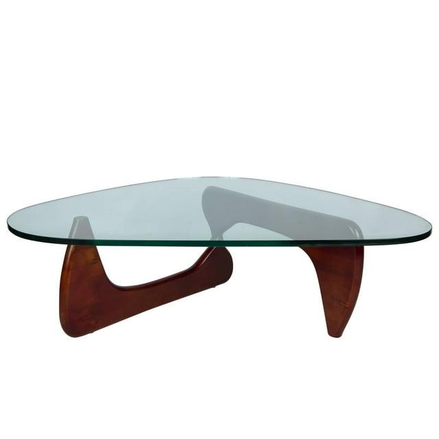 LeisureMod Imperial Collection Triangular Glass Top Coffee Table with Glossy Ash Wood Base for Home, Living Room, Office