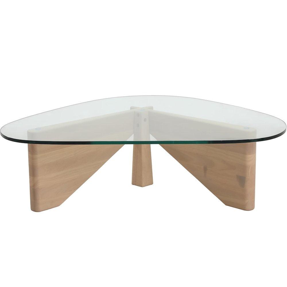 LeisureMod Imperial Collection Triangular Glass Top Coffee Table with Glossy Ash Wood Base for Home, Living Room, Office