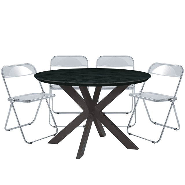 Lawrence Acrylic Folding Dining Chair & Round Dining Table with Geometic Base Set, Transparent Black - 5 Piece