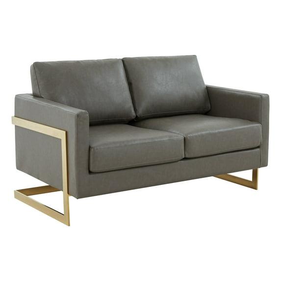 LeisureMod Lincoln Mid-Century Modern Upholstered Faux Leather Loveseat with Gold Frame in Grey