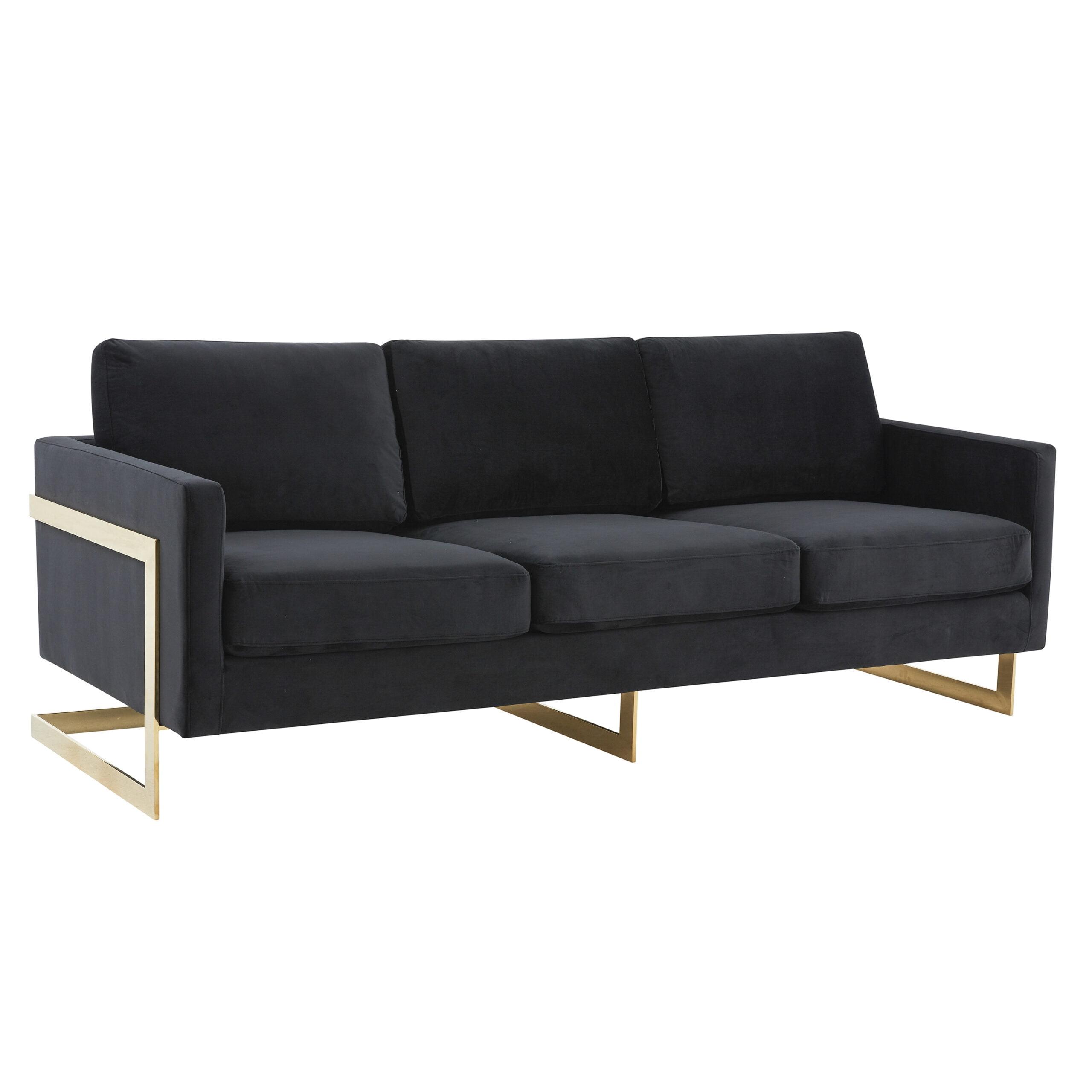 LeisureMod Lincoln 83" Modern Velvet Upholstered Sofa With Gold Steel Frame in Midnight Black