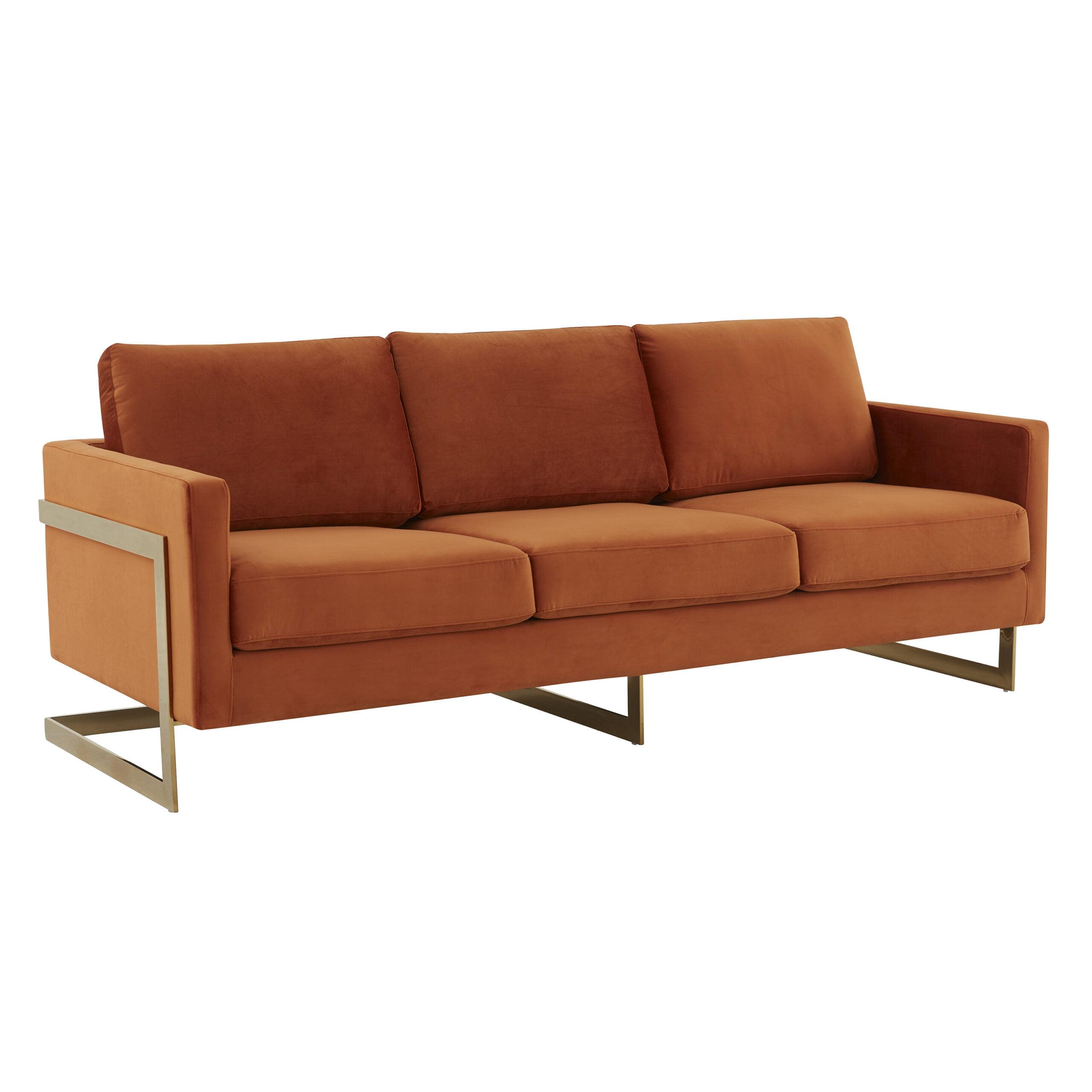 Elegant Velvet & Wood Sofa in Orange Marmalade with Gold Steel Legs