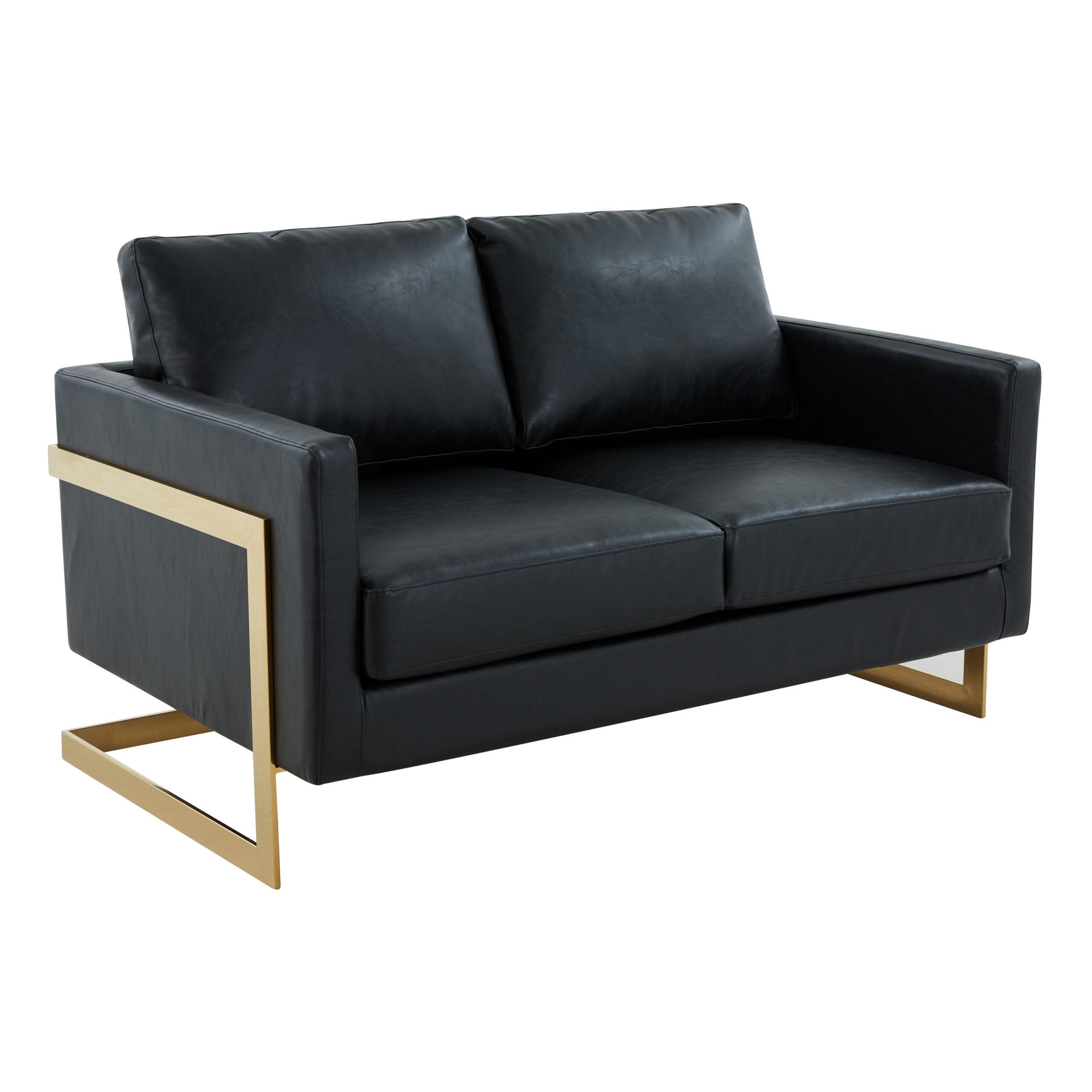 Linz 55'' Black Faux Leather Loveseat with Gold Metal Frame