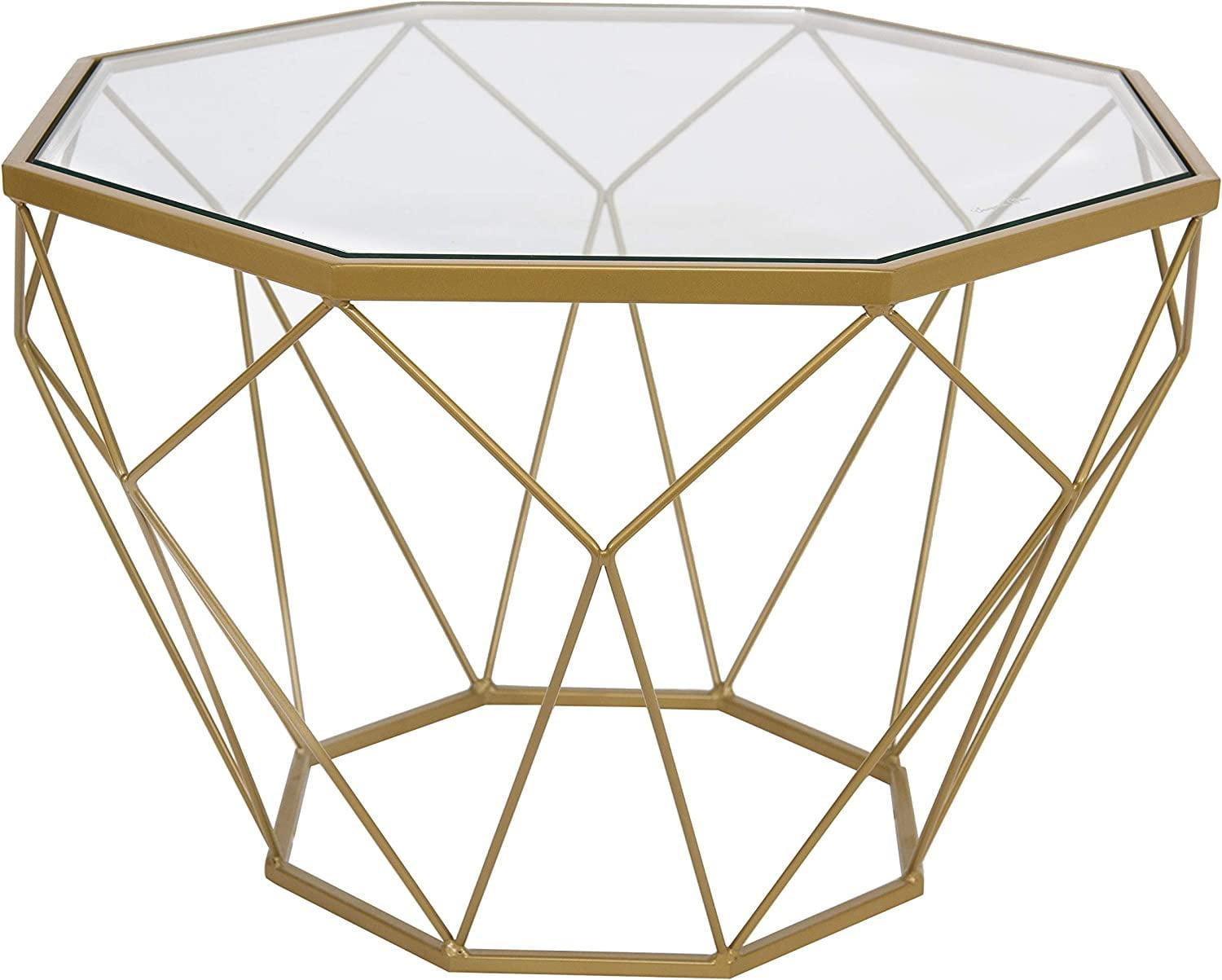 LeisureMod Malibu Modern 29" Wide Octagon Glass Top Coffee Table With Iron Base in Gold