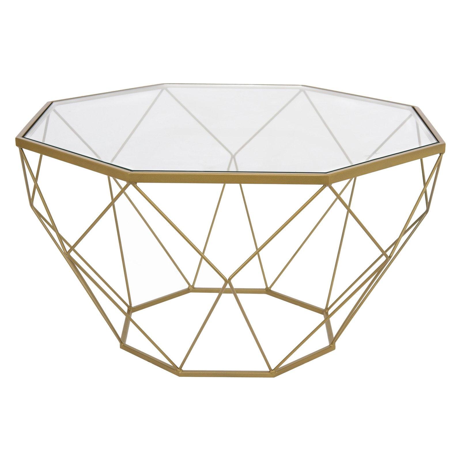 LeisureMod Malibu Modern 29" Wide Octagon Glass Top Coffee Table With Iron Base in Gold