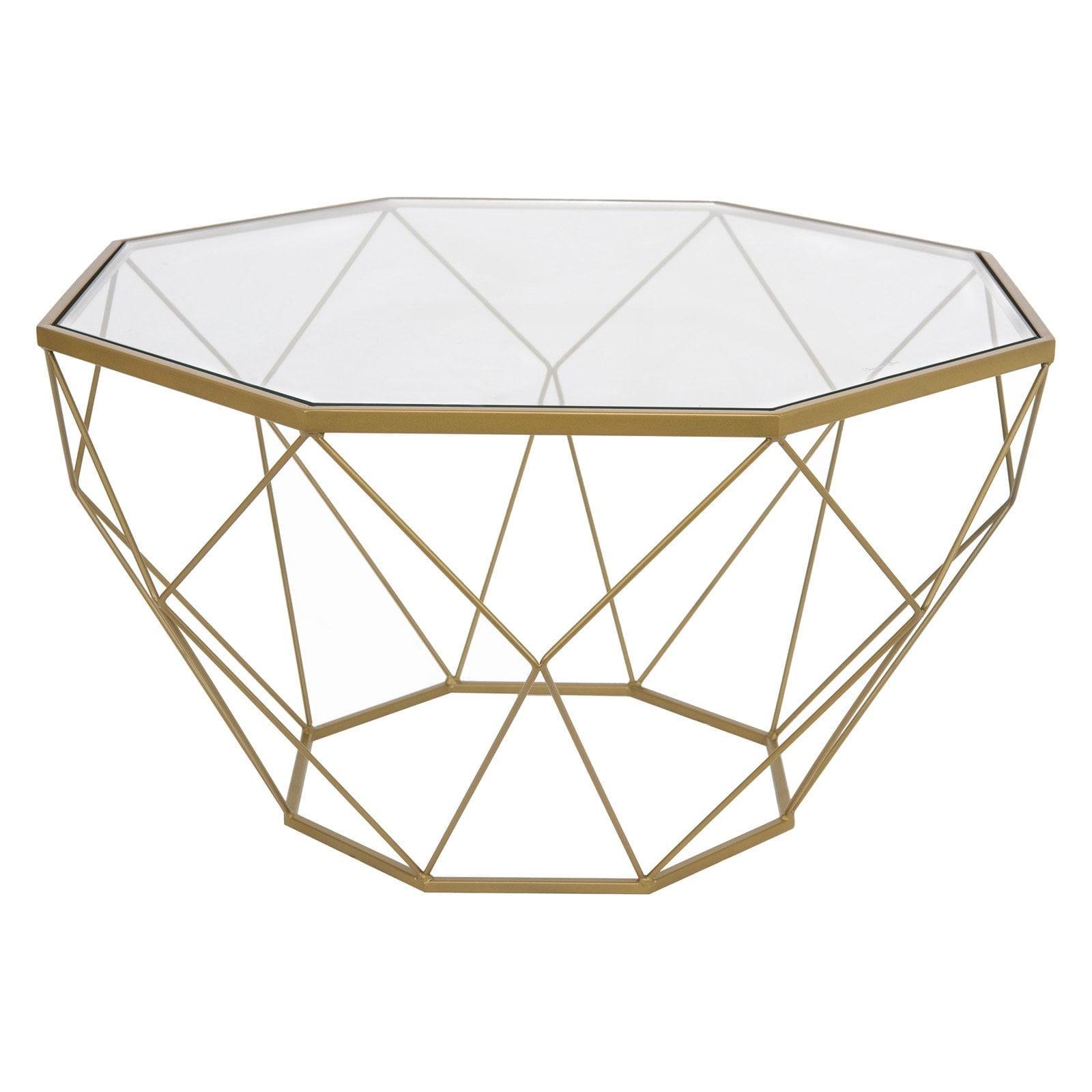 LeisureMod Malibu Modern 29" Wide Octagon Glass Top Coffee Table With Iron Base in Gold
