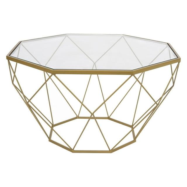LeisureMod Malibu Modern 29" Wide Octagon Glass Top Coffee Table With Iron Base in Gold