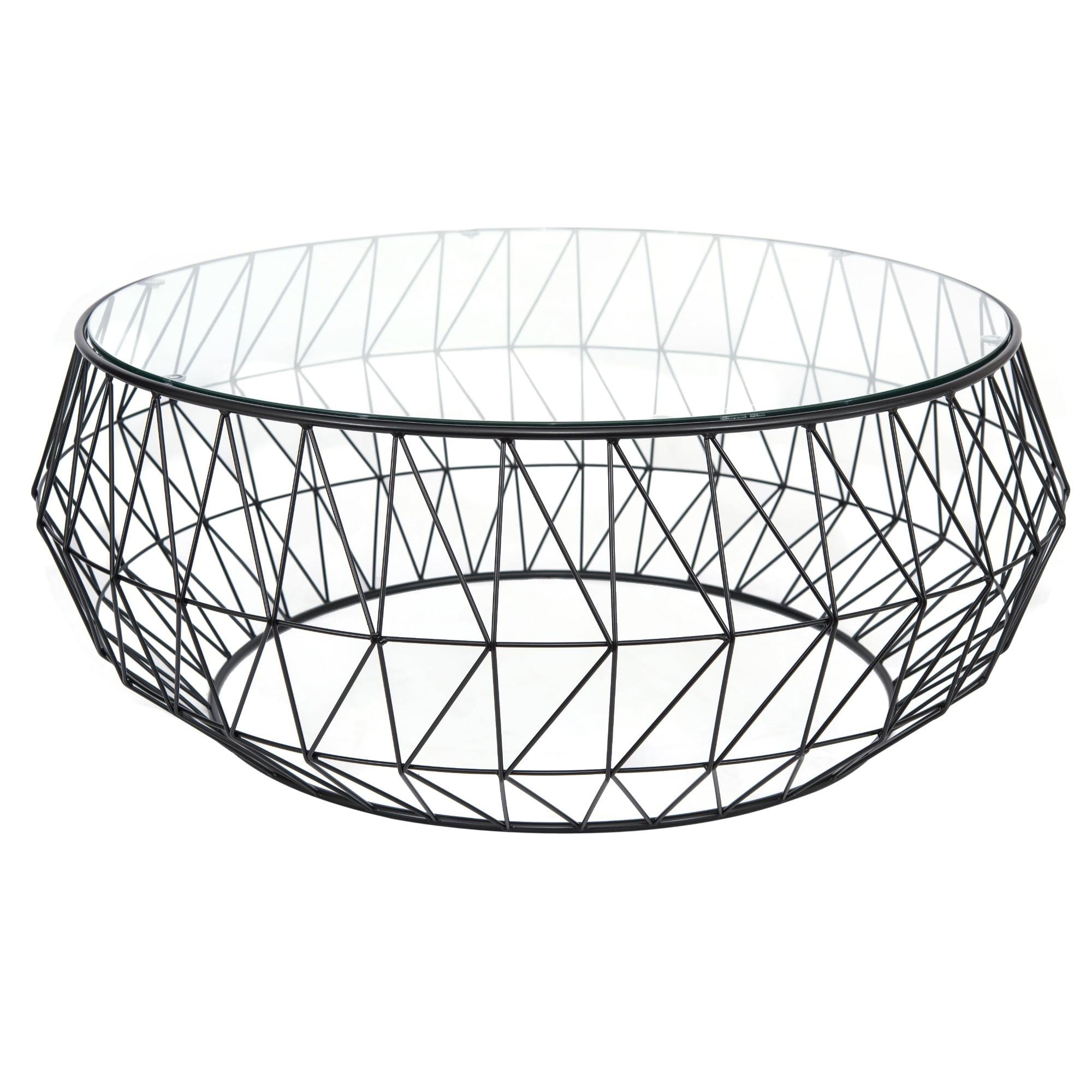 LeisureMod Malibu Modern Round Glass Top Coffee Table With Metal Base