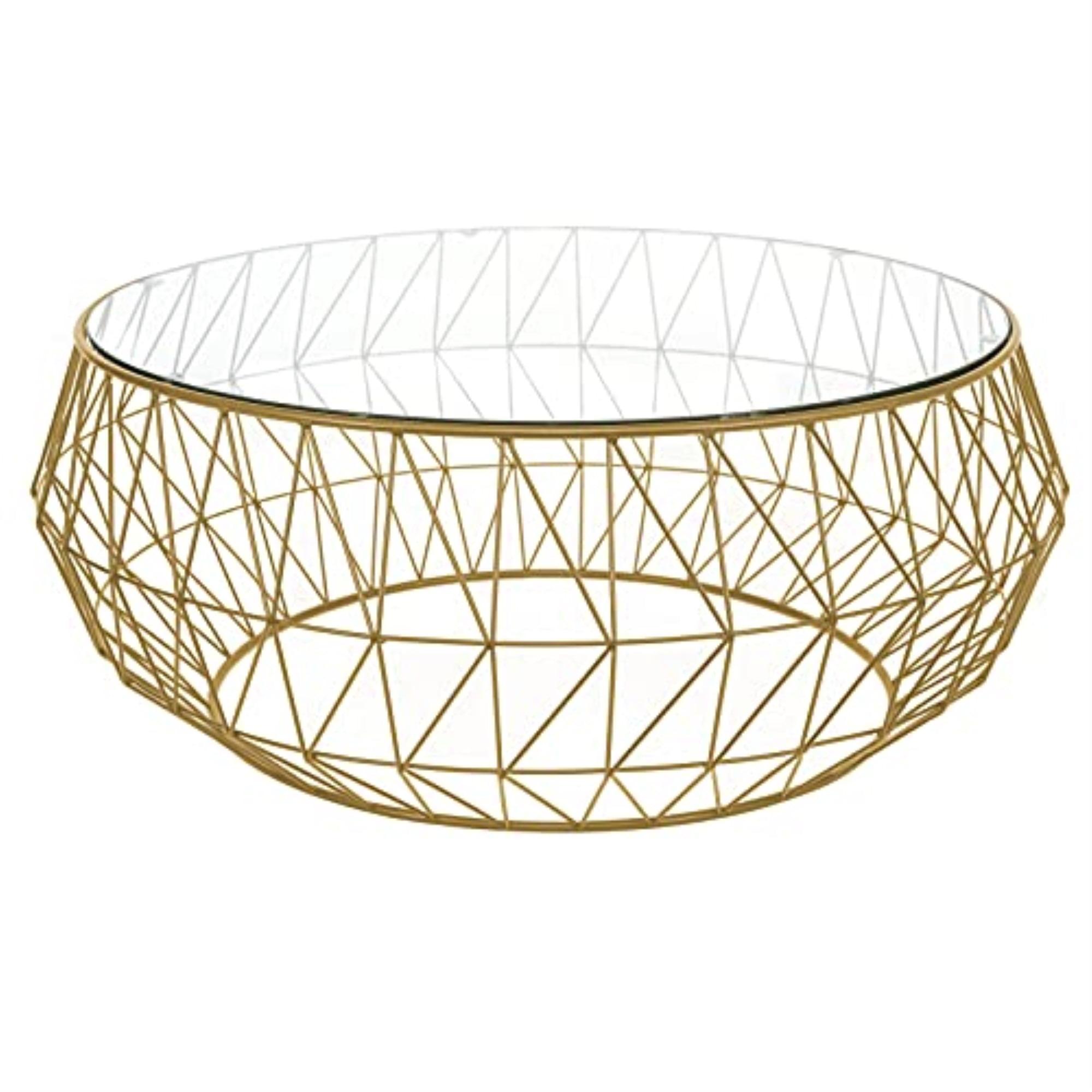 Modern Malibu 35" Round Glass Coffee Table with Geometric Gold Base