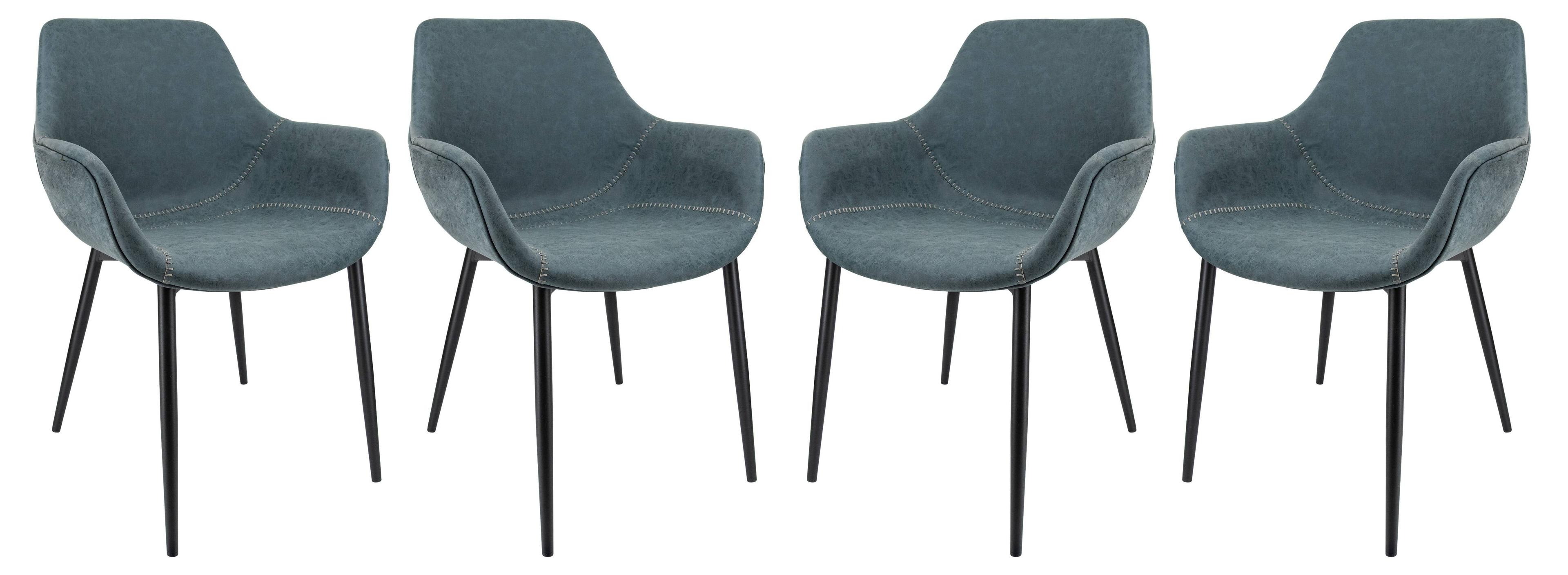 LeisureMod Markley Leather Dining Arm Chair With Metal Legs Set of 4 in Peacock Blue