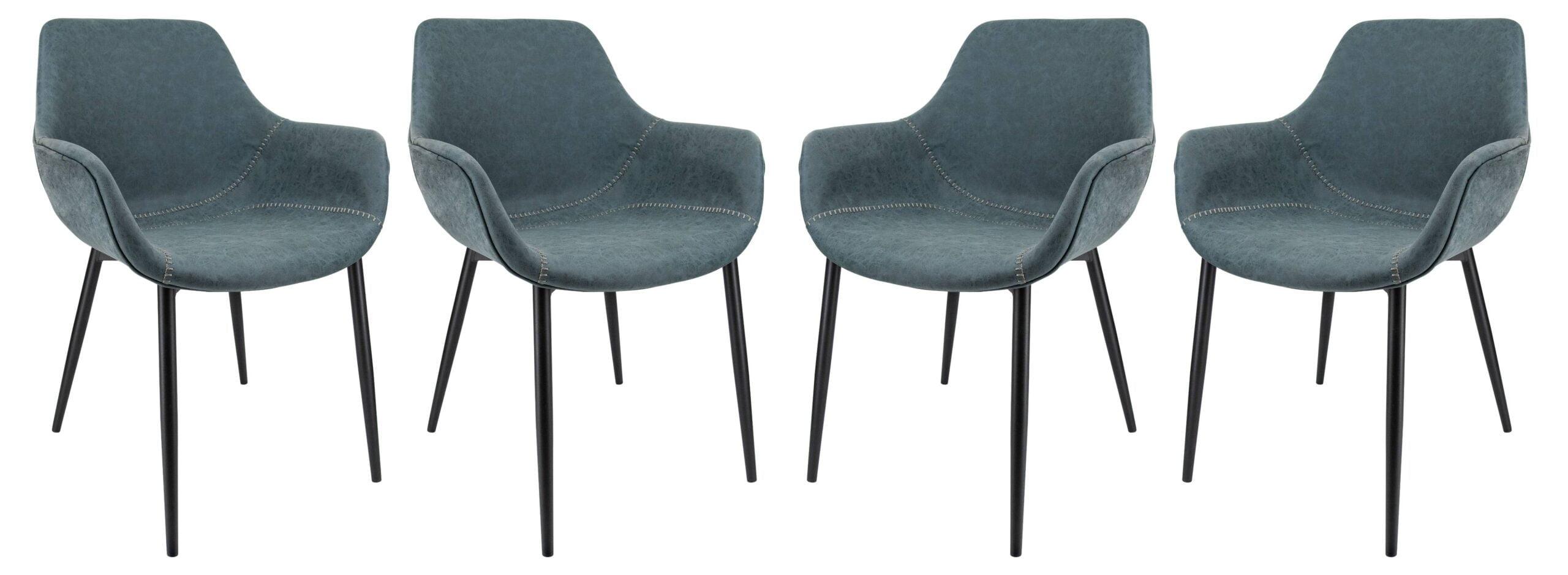 LeisureMod Markley Leather Dining Arm Chair With Metal Legs Set of 4 in Peacock Blue