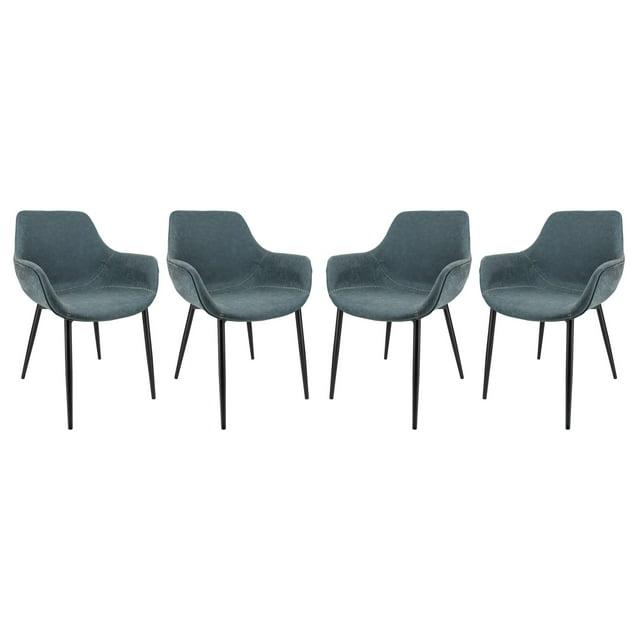 LeisureMod Markley Leather Dining Arm Chair With Metal Legs Set of 4 in Peacock Blue