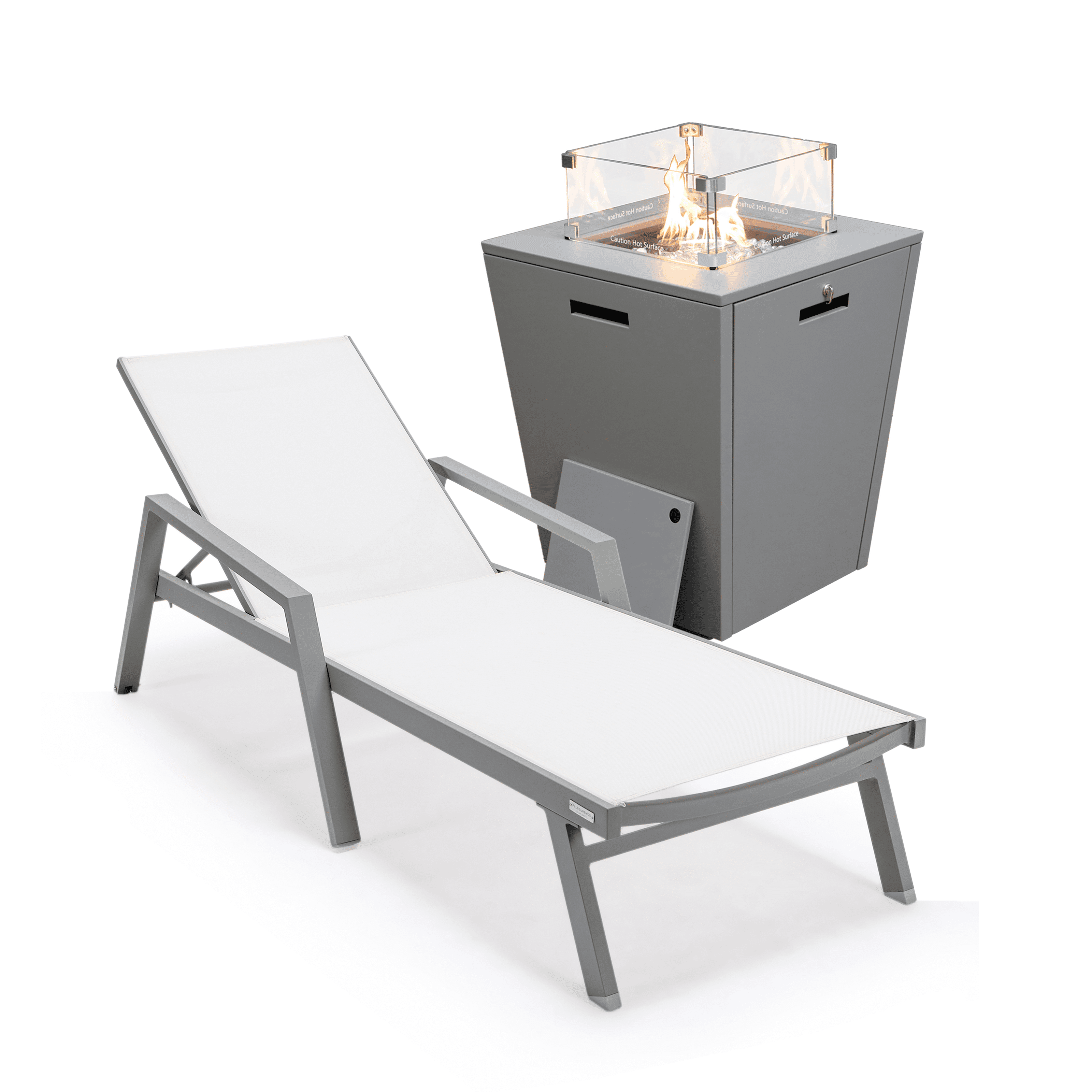 Modern White and Gray Aluminum Patio Chaise Lounge with Fire Pit Table