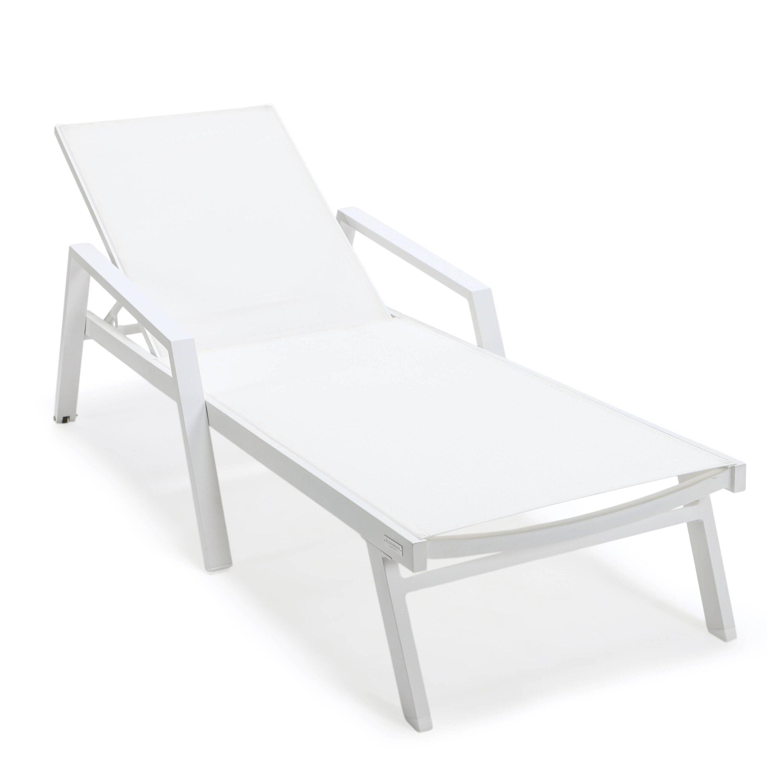 LeisureMod Marlin Patio Sling Chaise Lounge Chair With Arms in White Aluminum, White