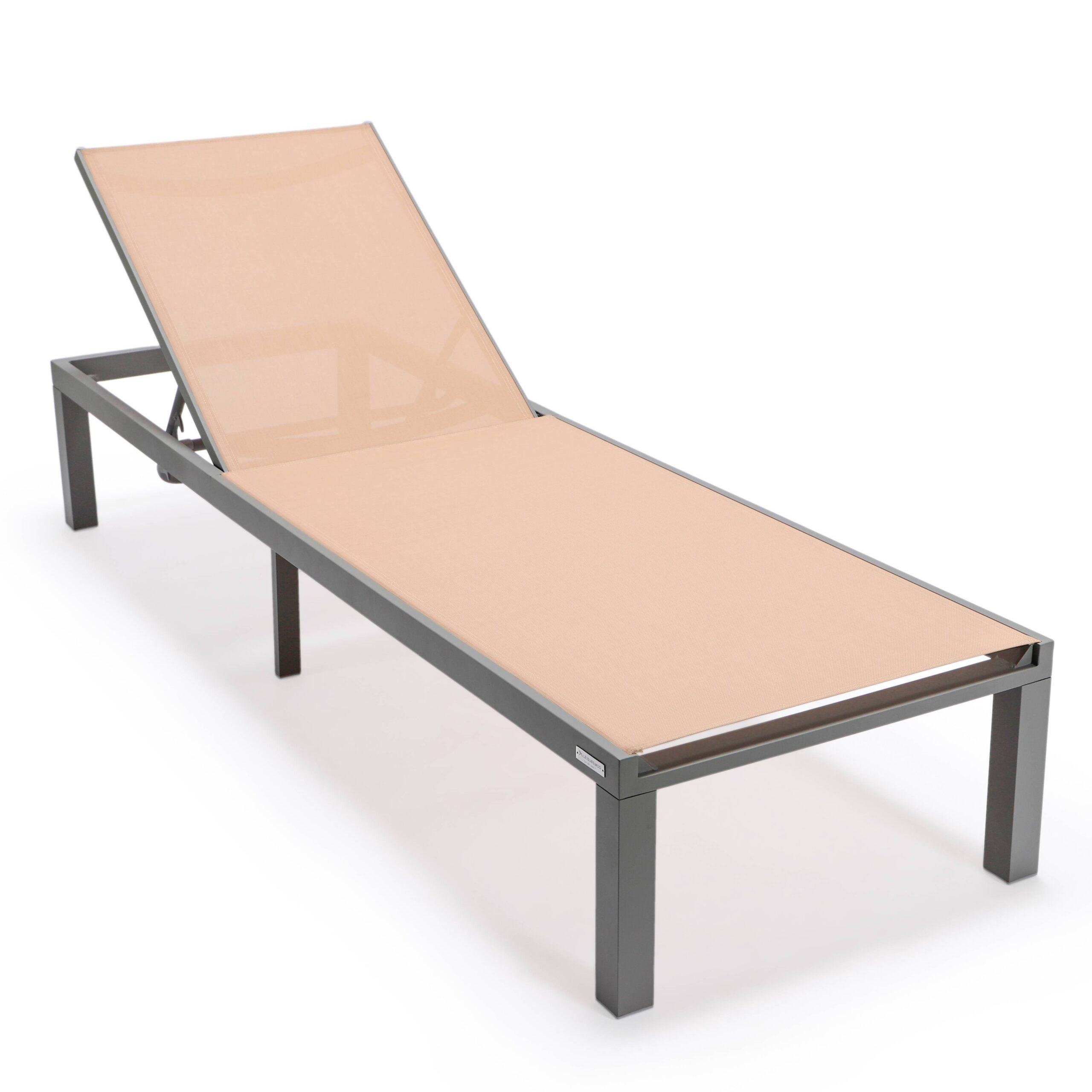 LeisureMod Marlin Patio Sling Chaise Lounge Chair in Grey Aluminum, Light Brown