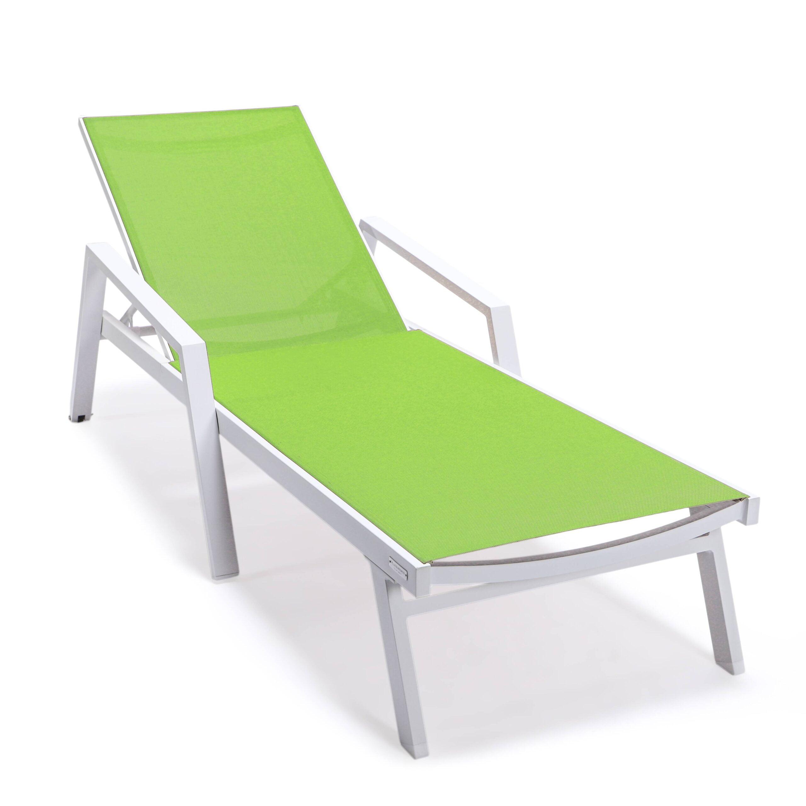 LeisureMod Marlin Patio Sling Chaise Lounge Chair With Arms in White Aluminum