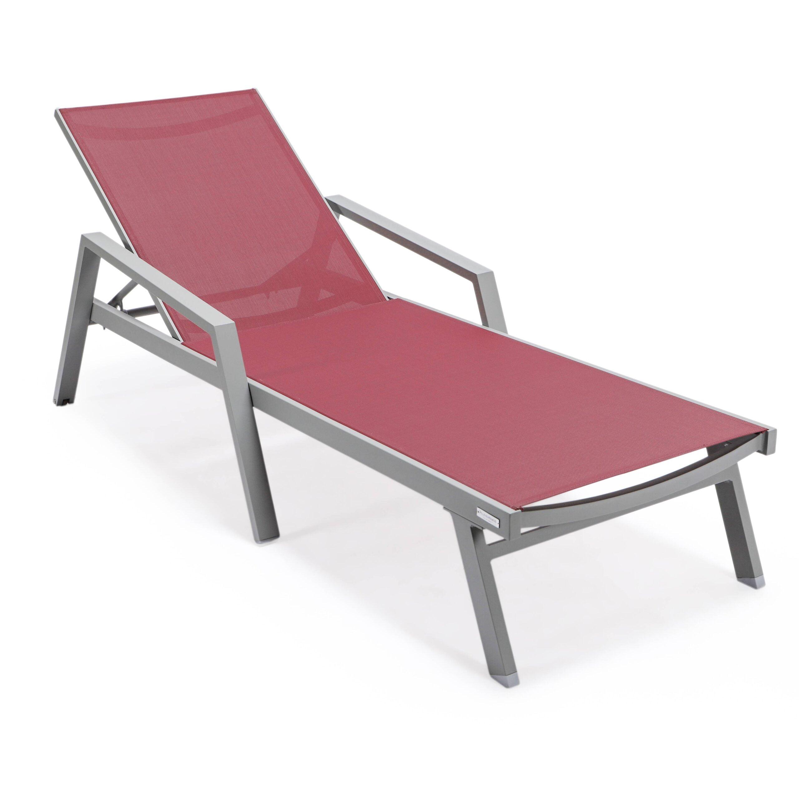 LeisureMod Marlin Patio Sling Chaise Lounge Chair With Arms in Grey Aluminum, Burgundy