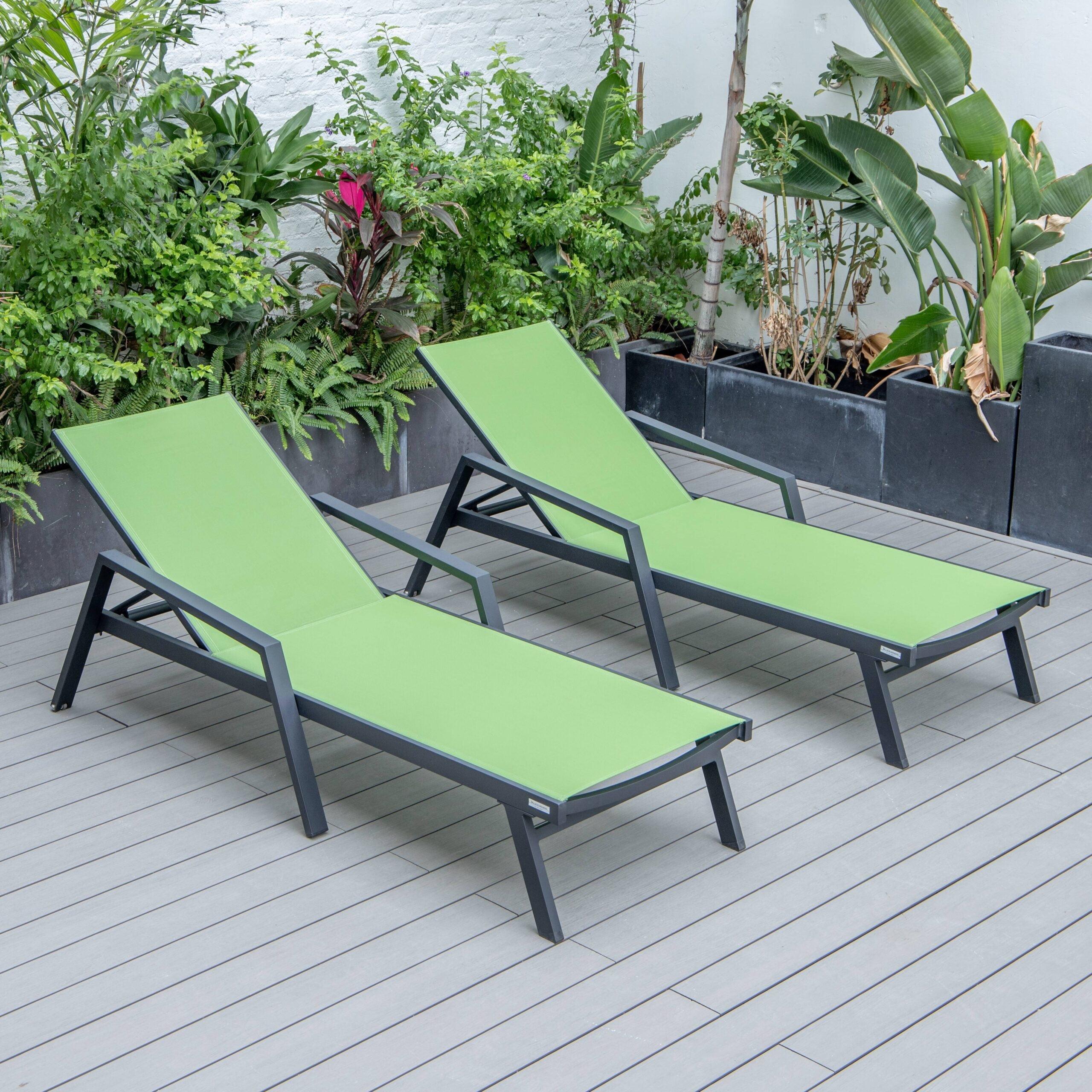 LeisureMod Marlin Patio Chaise Lounge Chair With Armrests in Black Aluminum Frame Set of 2 in Green