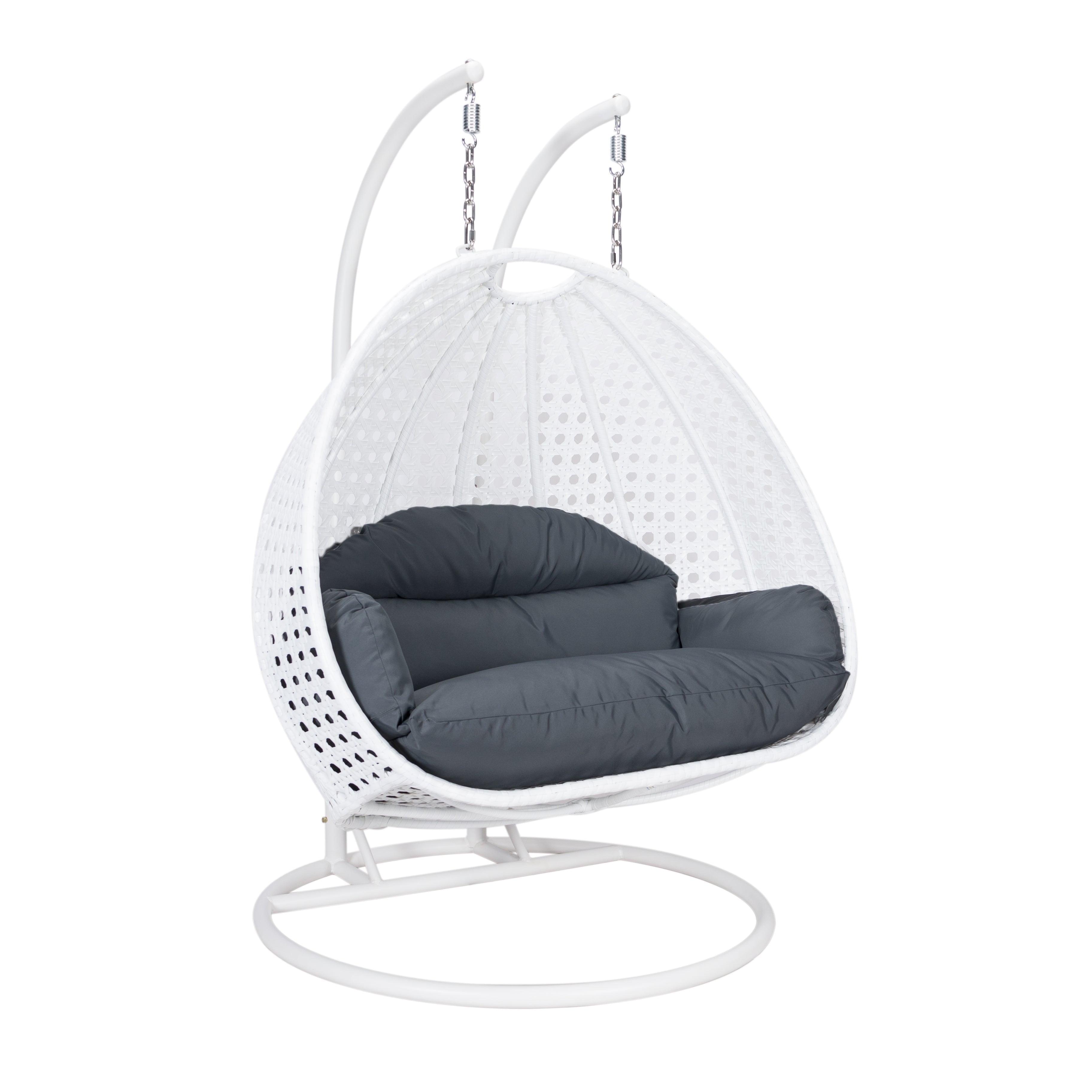 LeisureMod Modern Beige Wicker Hanging Double Seater Egg Swing Chair with Cushion, Dark Grey - Indoor/Outdoor Patio Swing