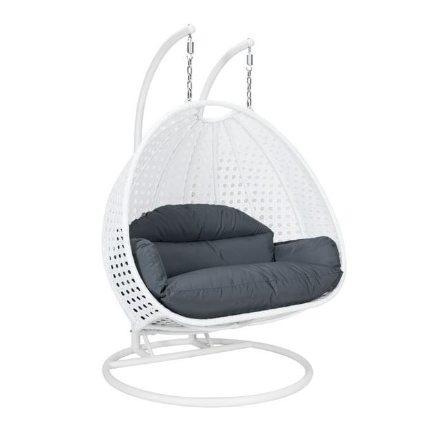 LeisureMod Modern Beige Wicker Hanging Double Seater Egg Swing Chair with Cushion, Dark Grey - Indoor/Outdoor Patio Swing