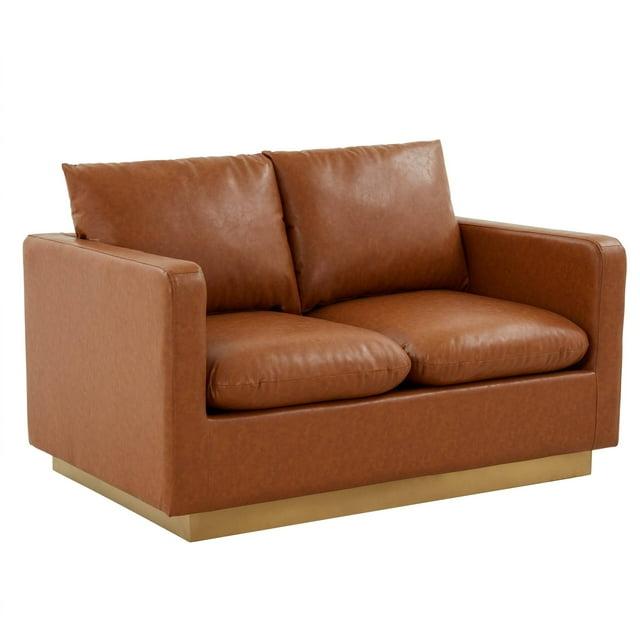 LeisureMod Nervo Mid-Century Modern Upholstered Faux Leather Loveseat with Gold Frame in Cognac Tan