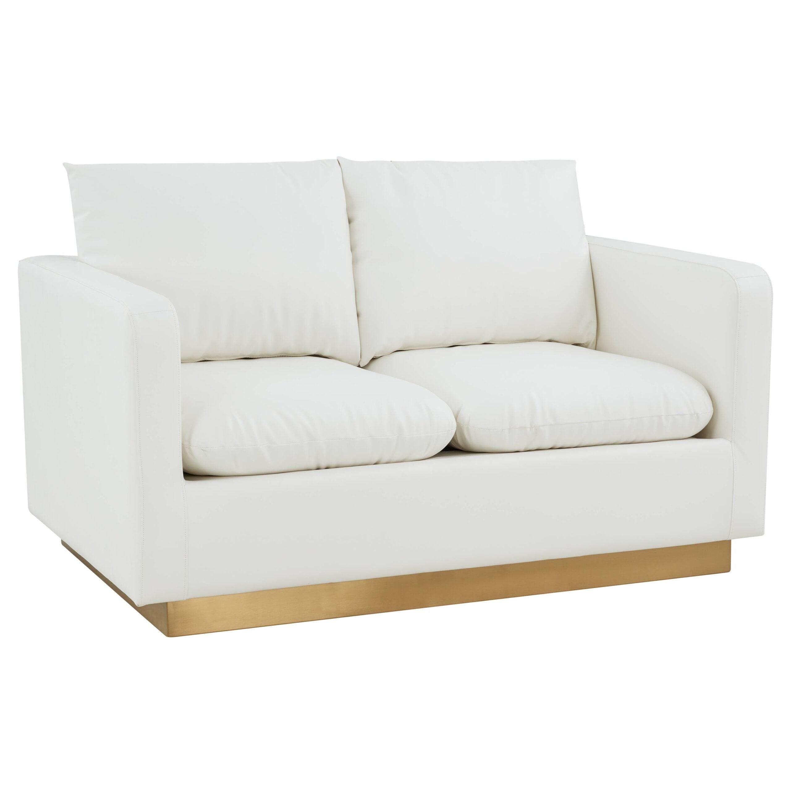 LeisureMod Nervo Mid-Century Modern Upholstered Faux Leather Loveseat with Gold Frame in White