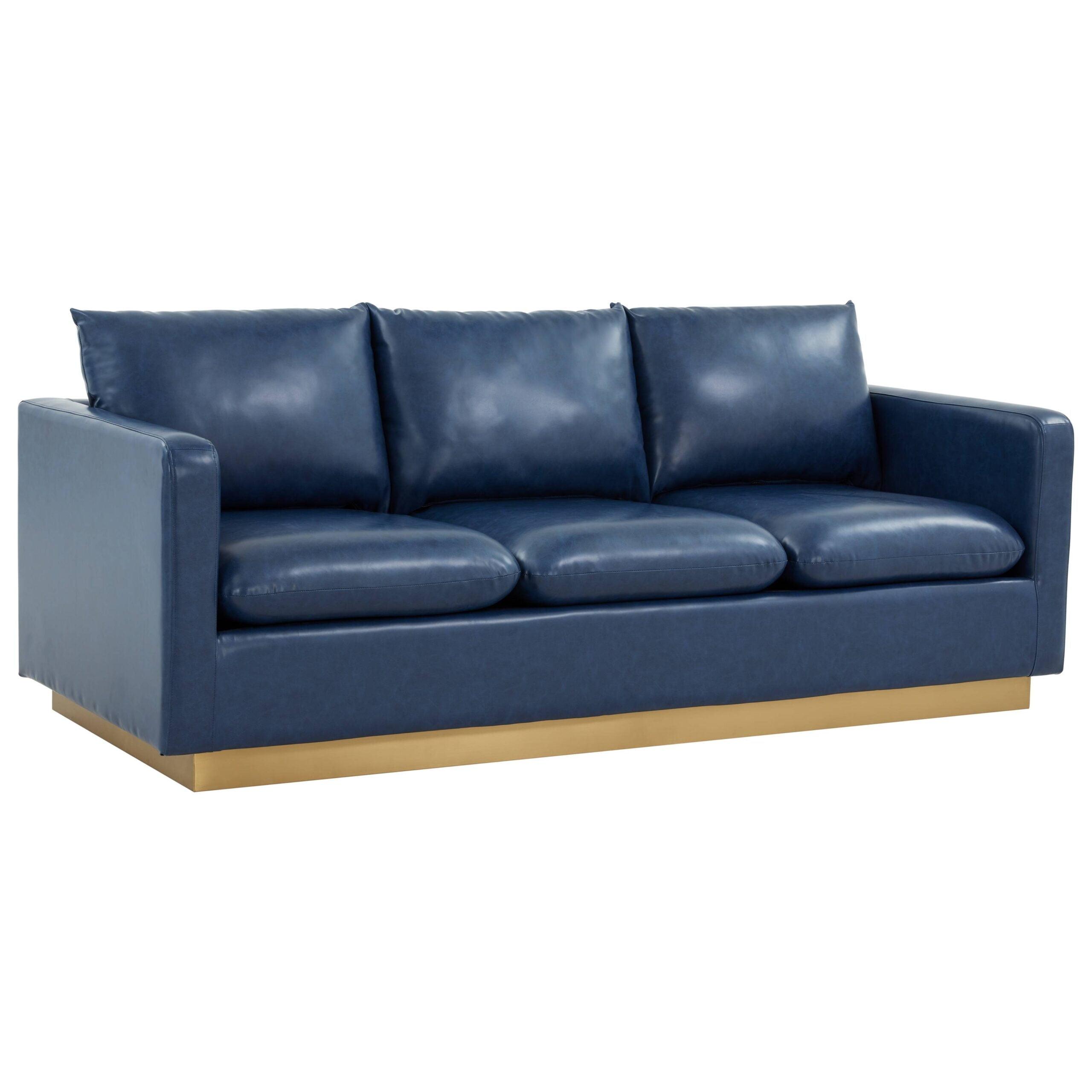 LeisureMod Nervo Modern Leather Upholstered Sofa With Gold Frame in Navy Blue