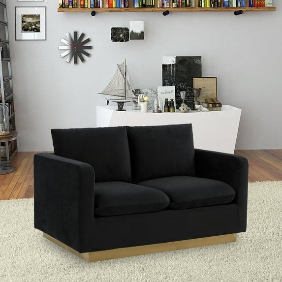 LeisureMod Nervo Mid-Century Modern Upholstered Velvet Loveseat with Gold Frame in Midnight Black