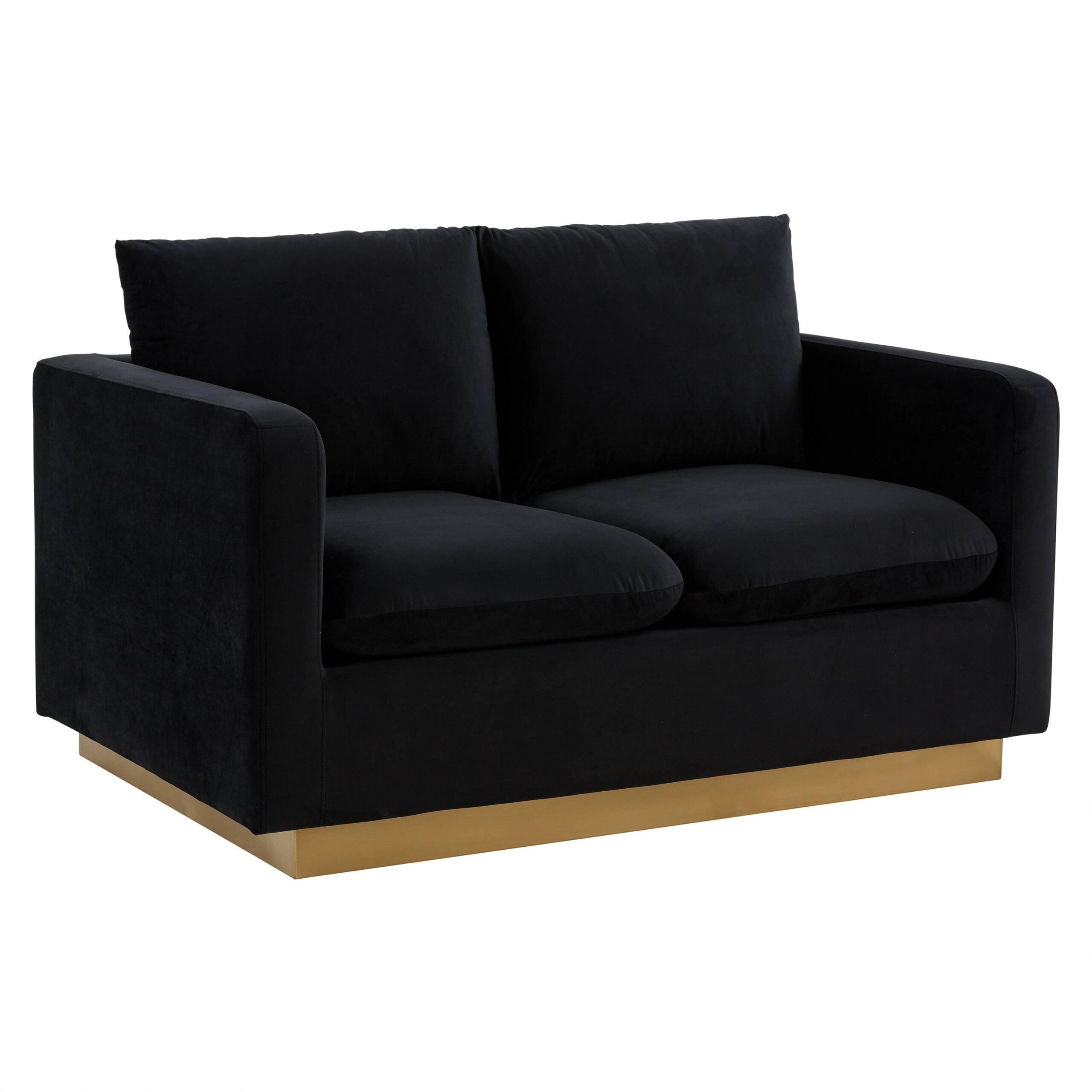 LeisureMod Nervo Mid-Century Modern Upholstered Velvet Loveseat with Gold Frame in Midnight Black
