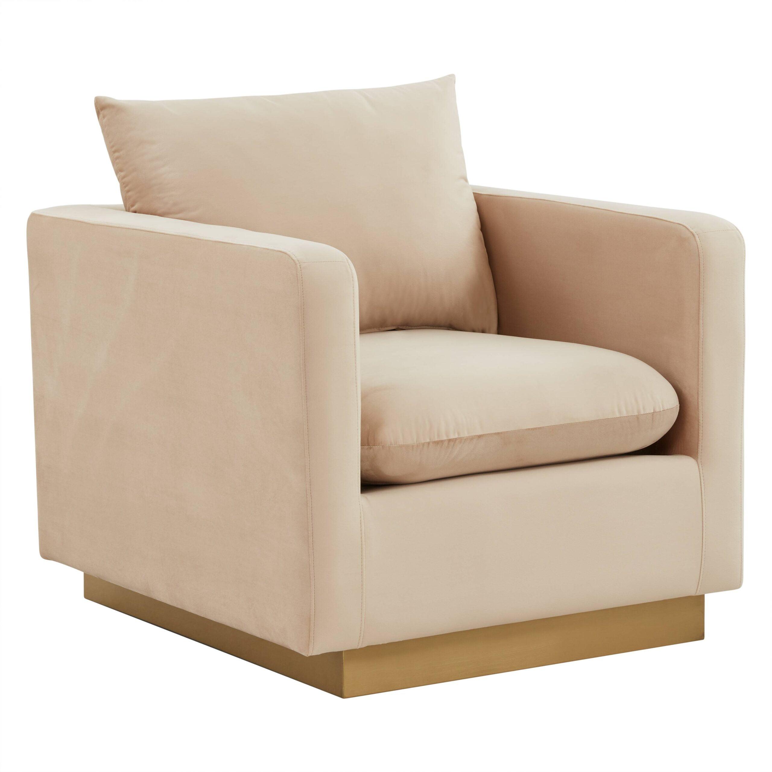 Beige Velvet Accent Chair with Gold Base