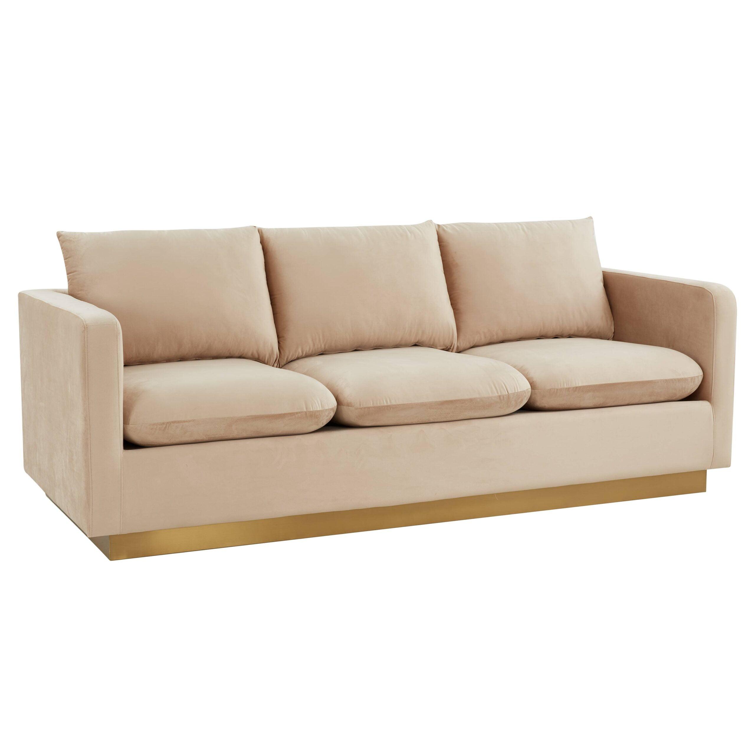 LeisureMod Nervo Modern Velvet Upholstered Sofa With Gold Frame in Beige