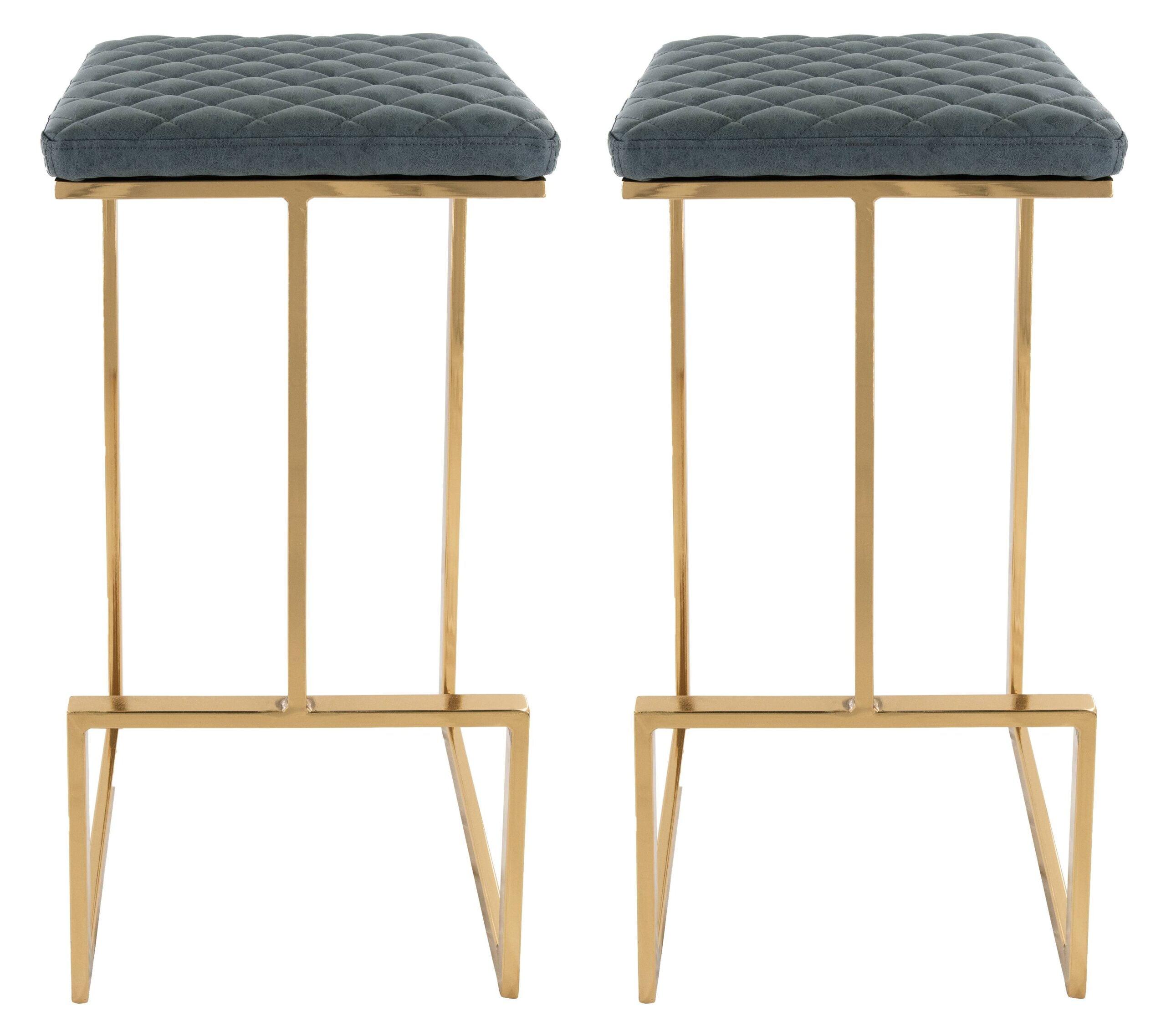 LeisureMod Quincy Stitched Leather Gold Metal Bar Stools set 2 in Peacock Blue