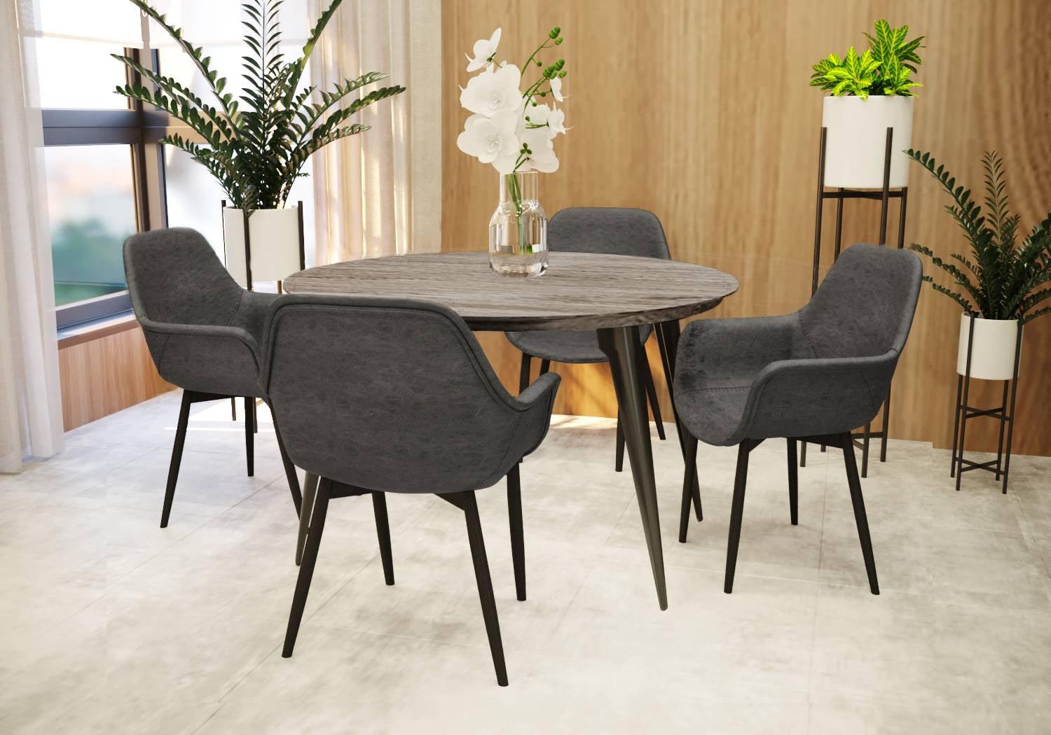 LeisureMod Ravenna Modern Round Wood 47" Dining Table with Metal Legs - Sleek Design, Perfect for Dining Rooms, Weathered Oak