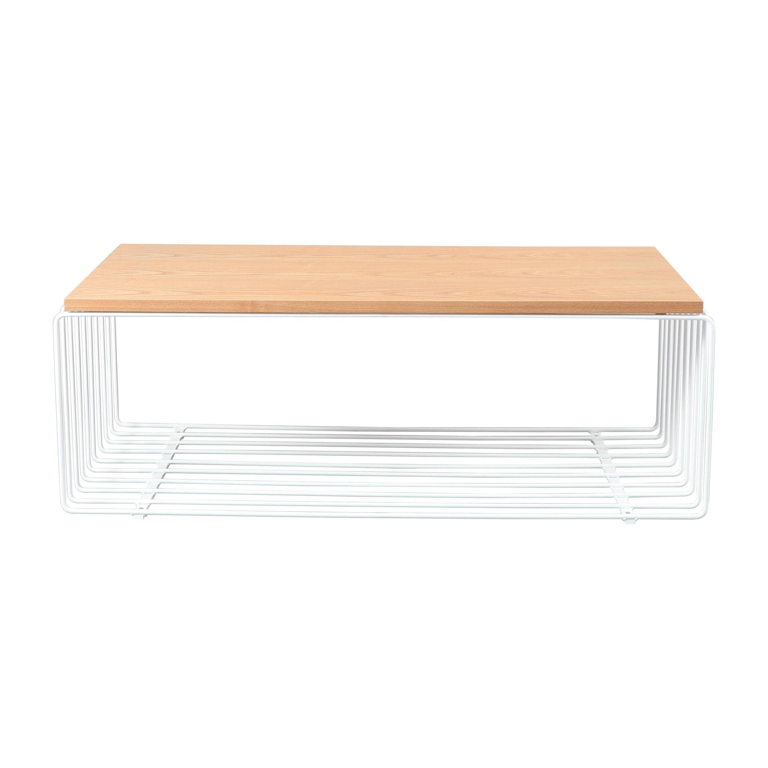 LeisureMod Rectangular Coffee Table with Ash Wood Veneer Top and Powder-Coated Steel Base Wireframe Design with Crossbars Walden Collection in White