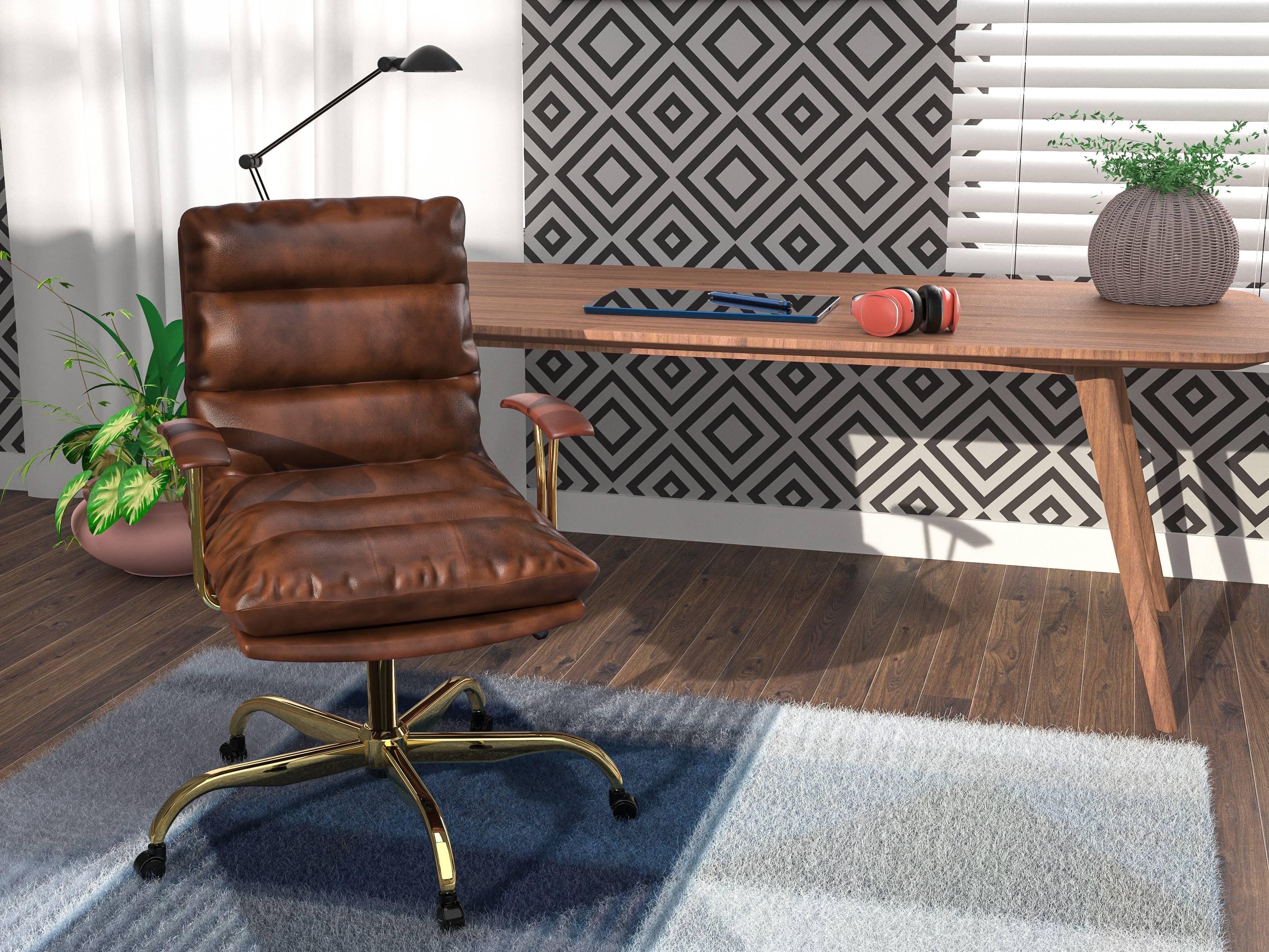 LeisureMod Regina Single Ergonomic Padded Leather Lumbar Support Adjustable Height Swivel Executive Office Chair with Gold Steel Frame